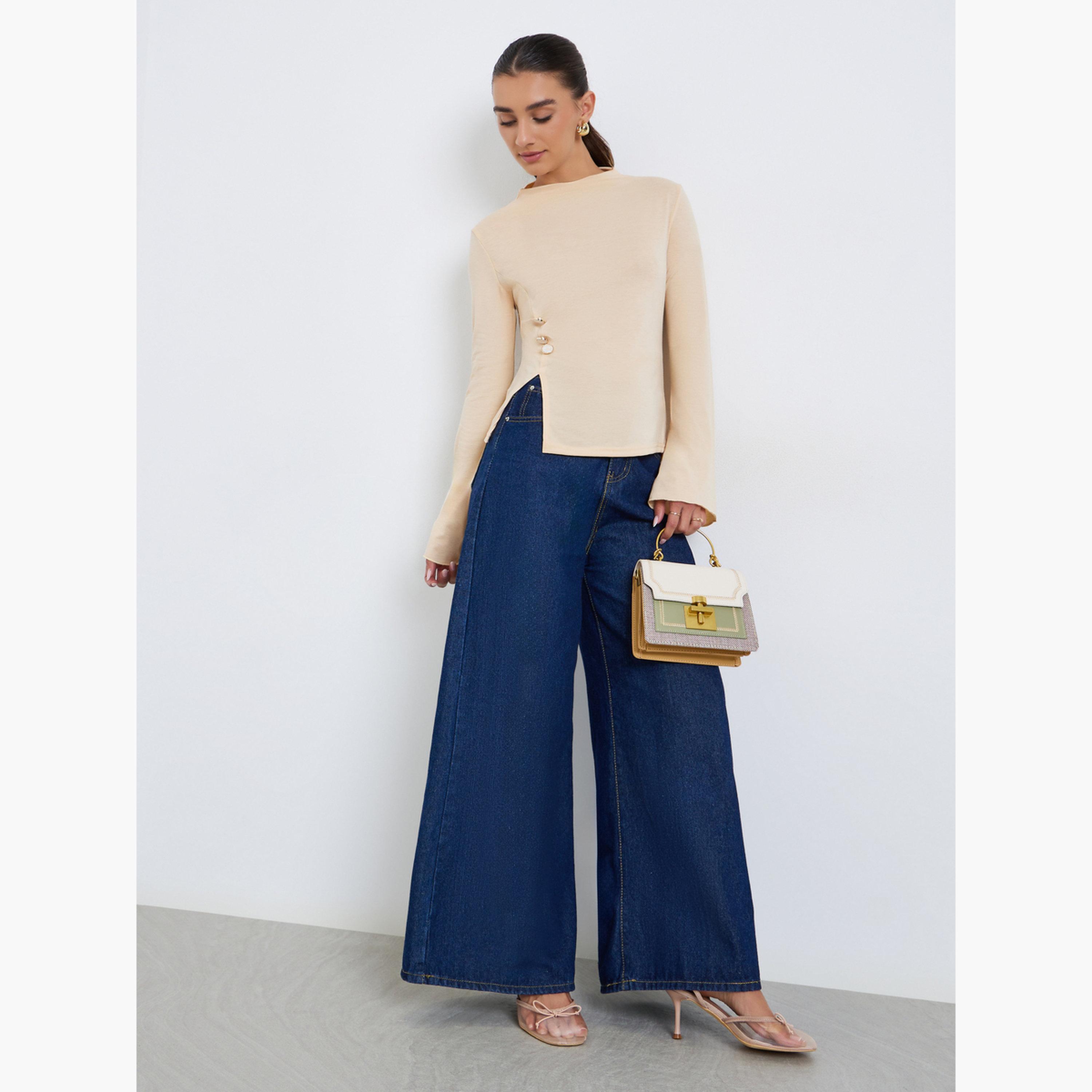 تيشيرت بحافة مشقوقة وتفاصيل أزرار-women-clothing-shirtsandblouses-blouses-image-2