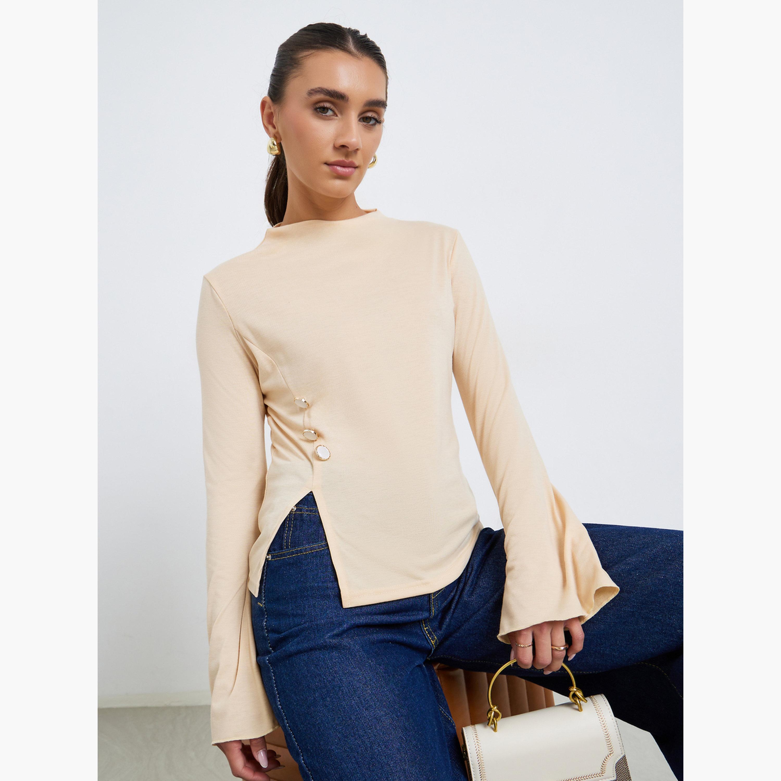 تيشيرت بحافة مشقوقة وتفاصيل أزرار-women-clothing-shirtsandblouses-blouses-image-3