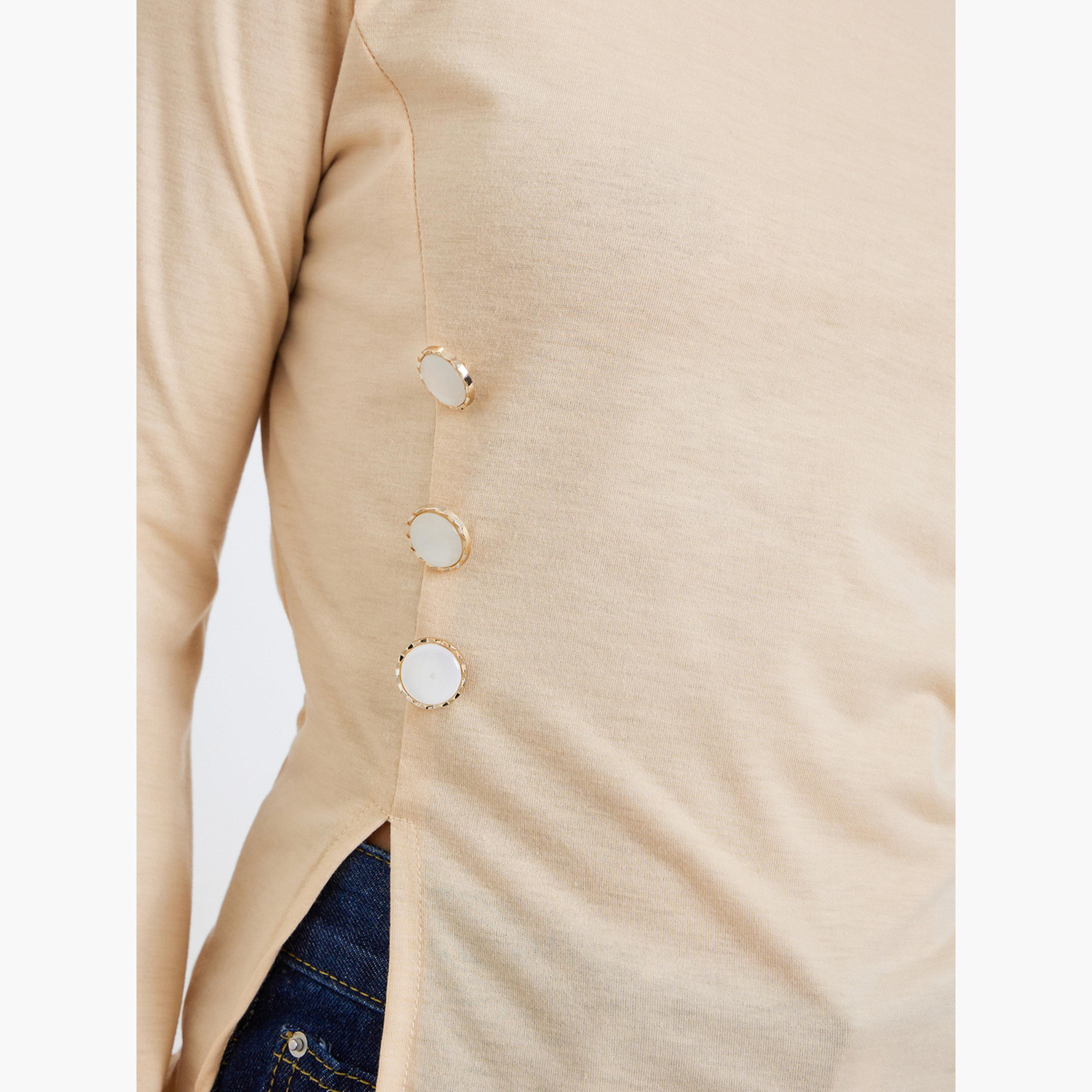 Styli Women Slit Hem Button Detail T-Shirt-women-clothing-shirtsandblouses-blouses-image-4