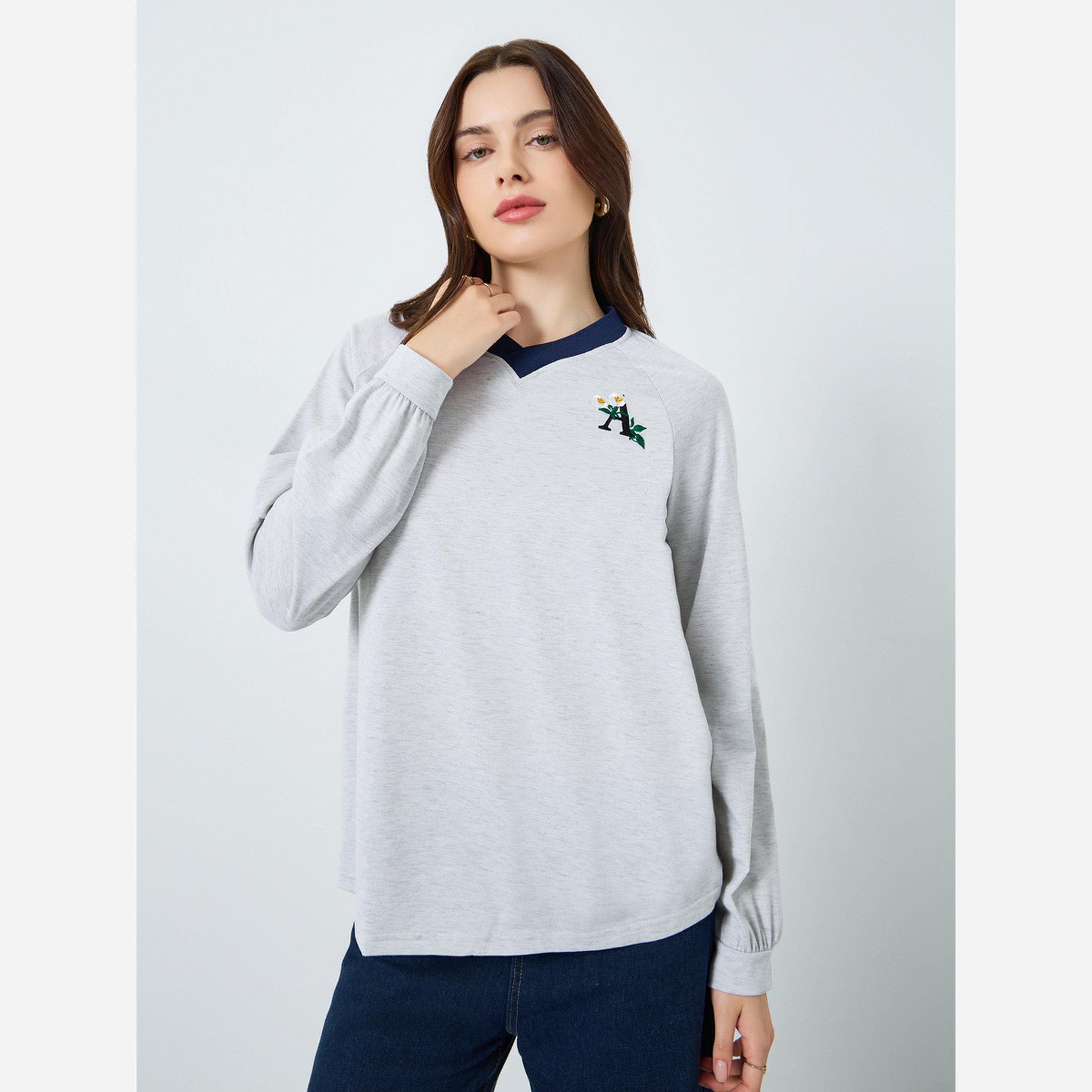 Styli Embroidered V-neck T-shirt with Decorative Strips-women-clothing-tshirts-image-1