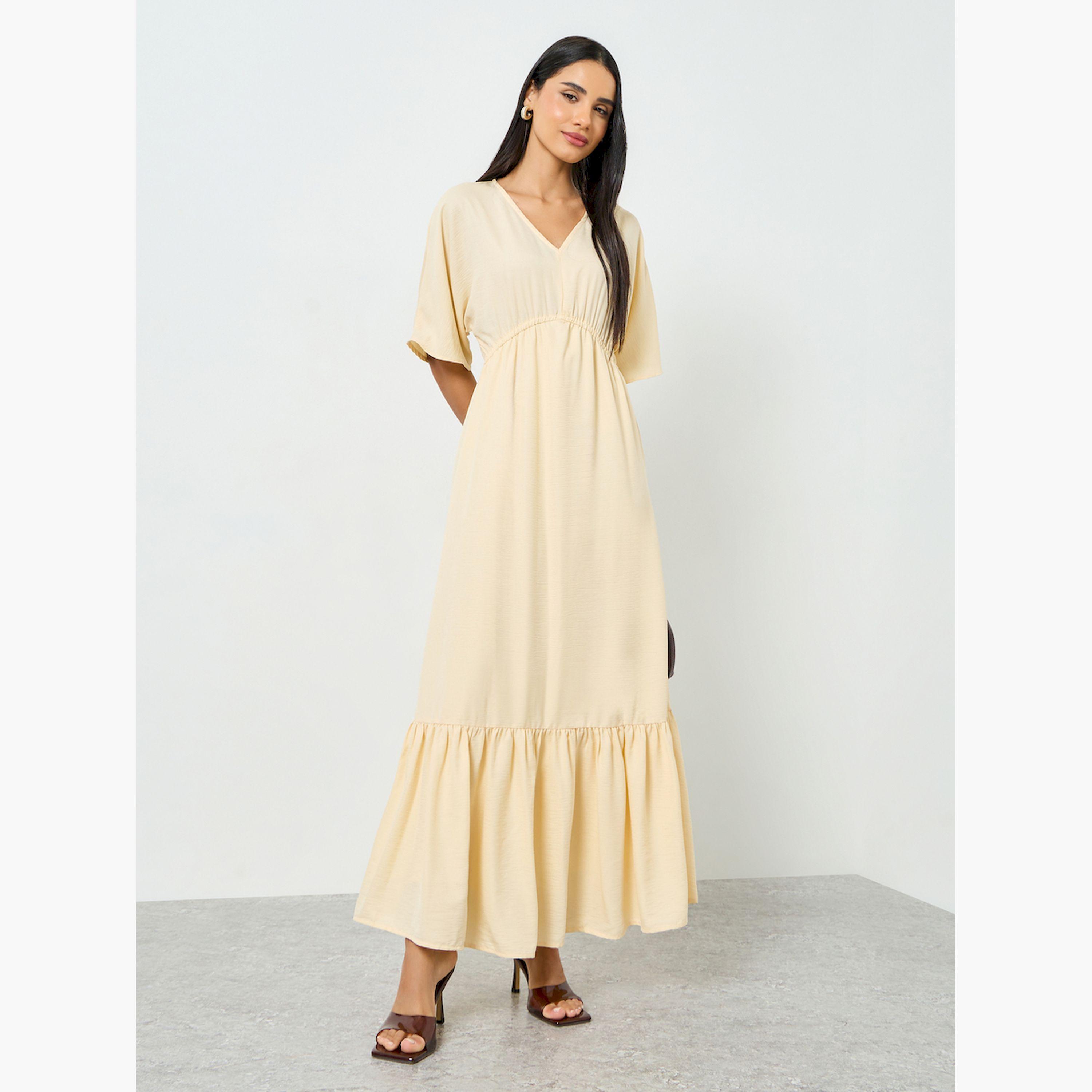 Styli Off-White Ruched Waist A-Line Maxi Dress-women-clothing-dresses-image-1