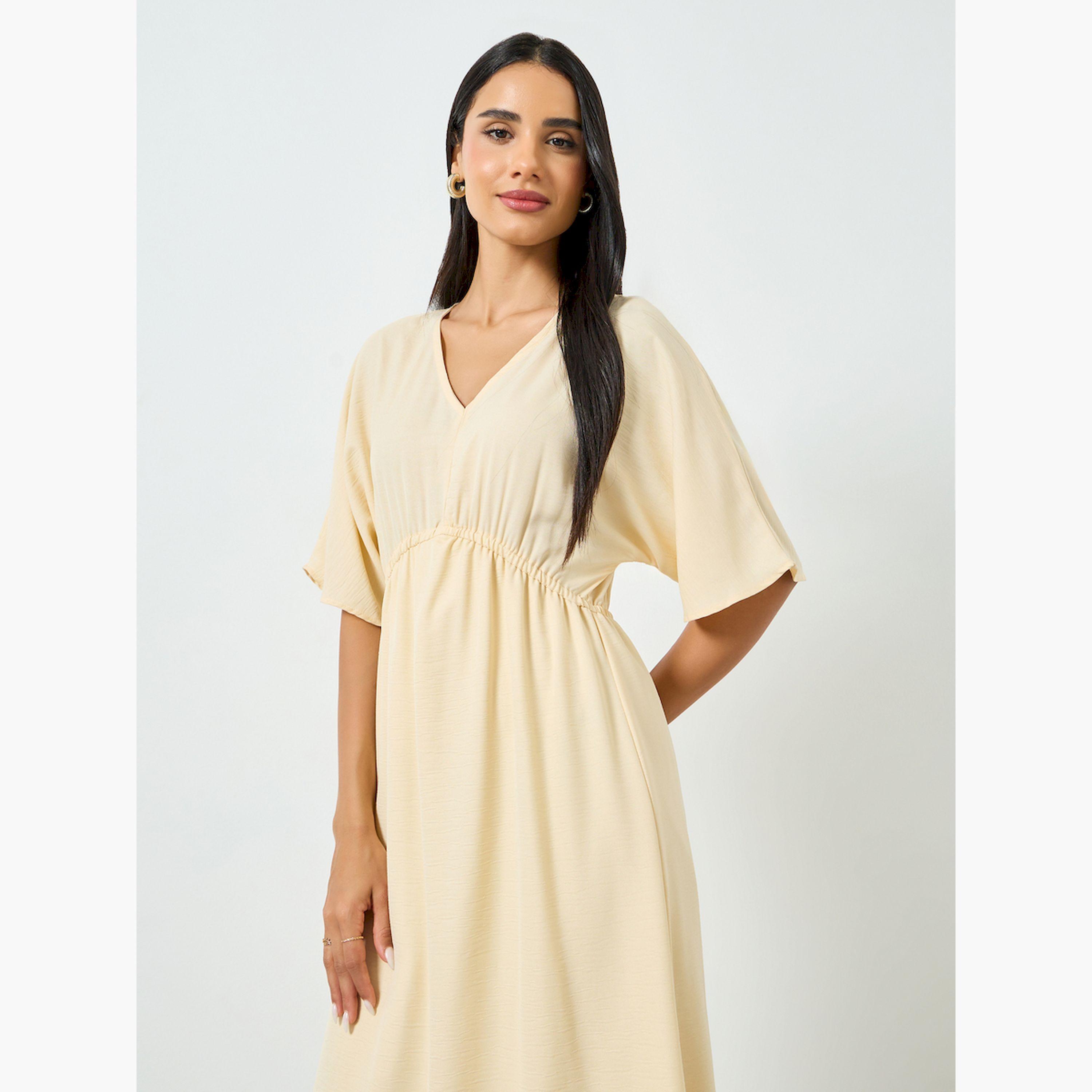 Styli Off-White Ruched Waist A-Line Maxi Dress-women-clothing-dresses-image-2