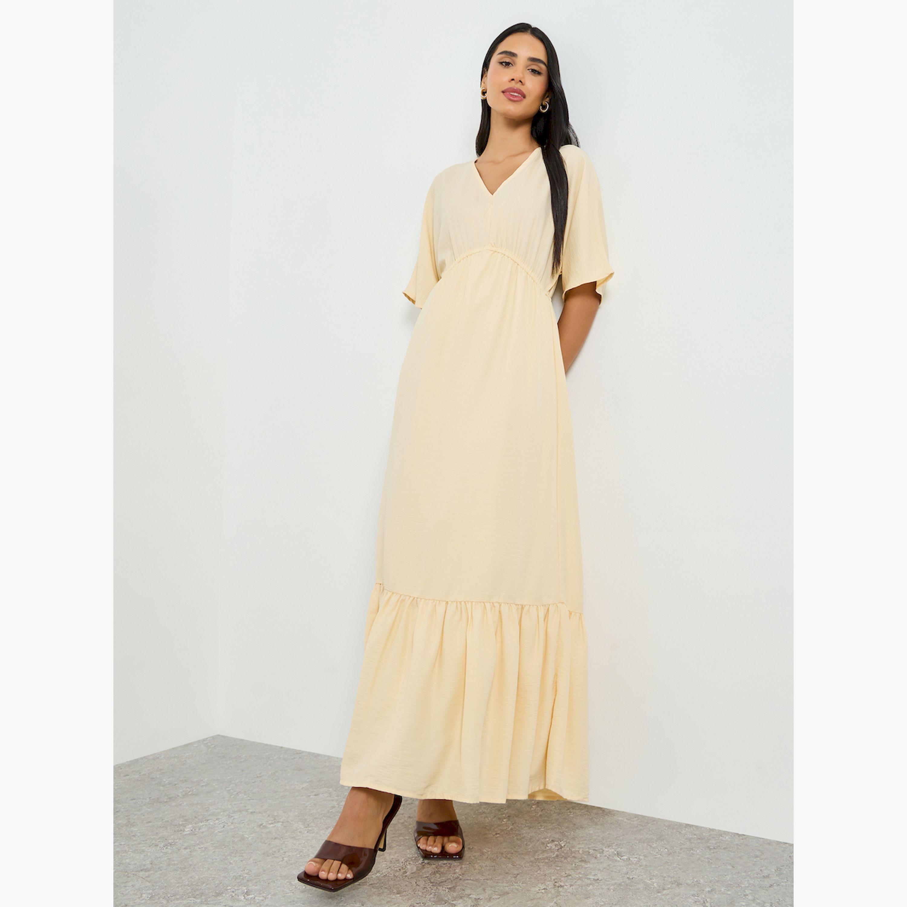 Styli Off-White Ruched Waist A-Line Maxi Dress-women-clothing-dresses-image-3