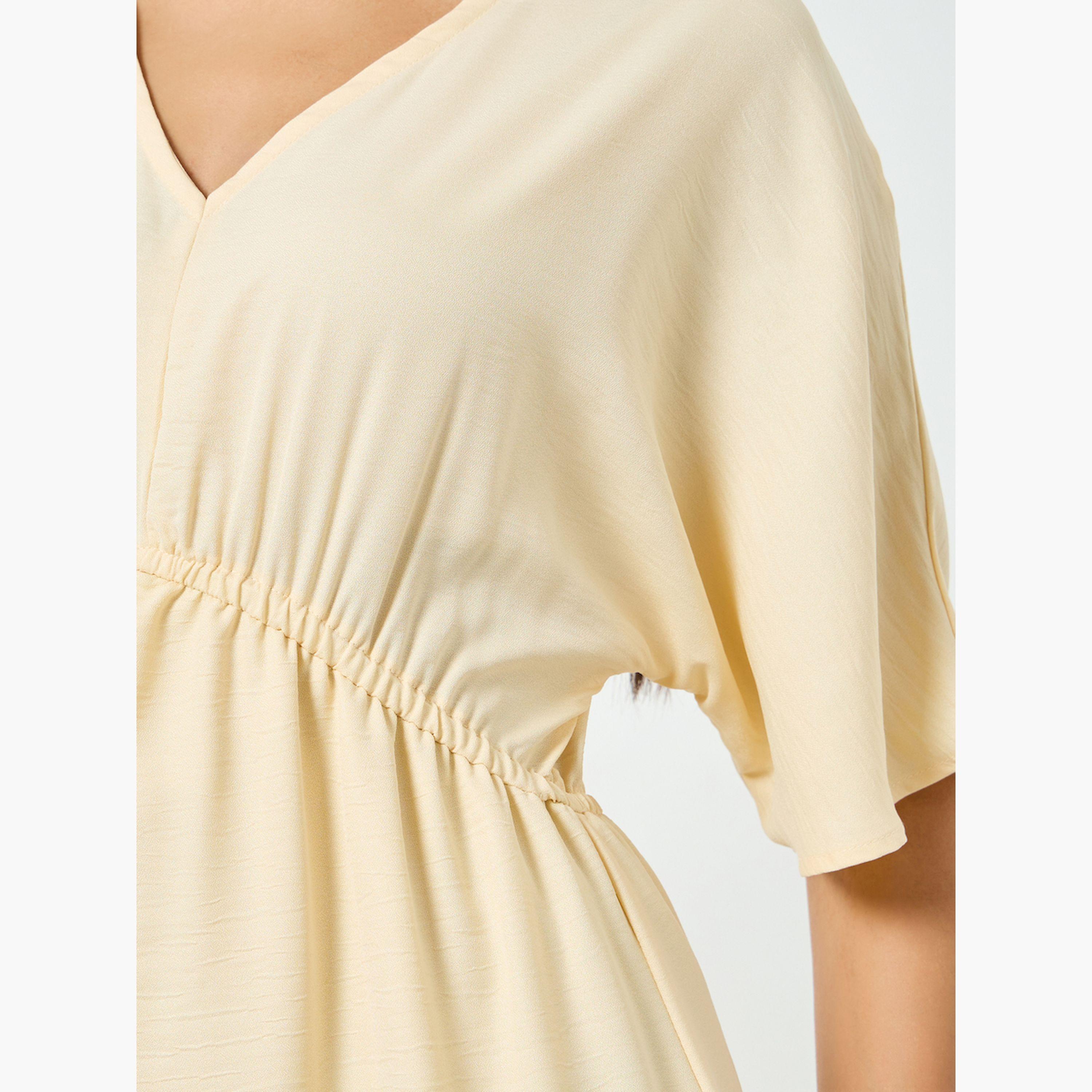 Styli Off-White Ruched Waist A-Line Maxi Dress-women-clothing-dresses-image-6
