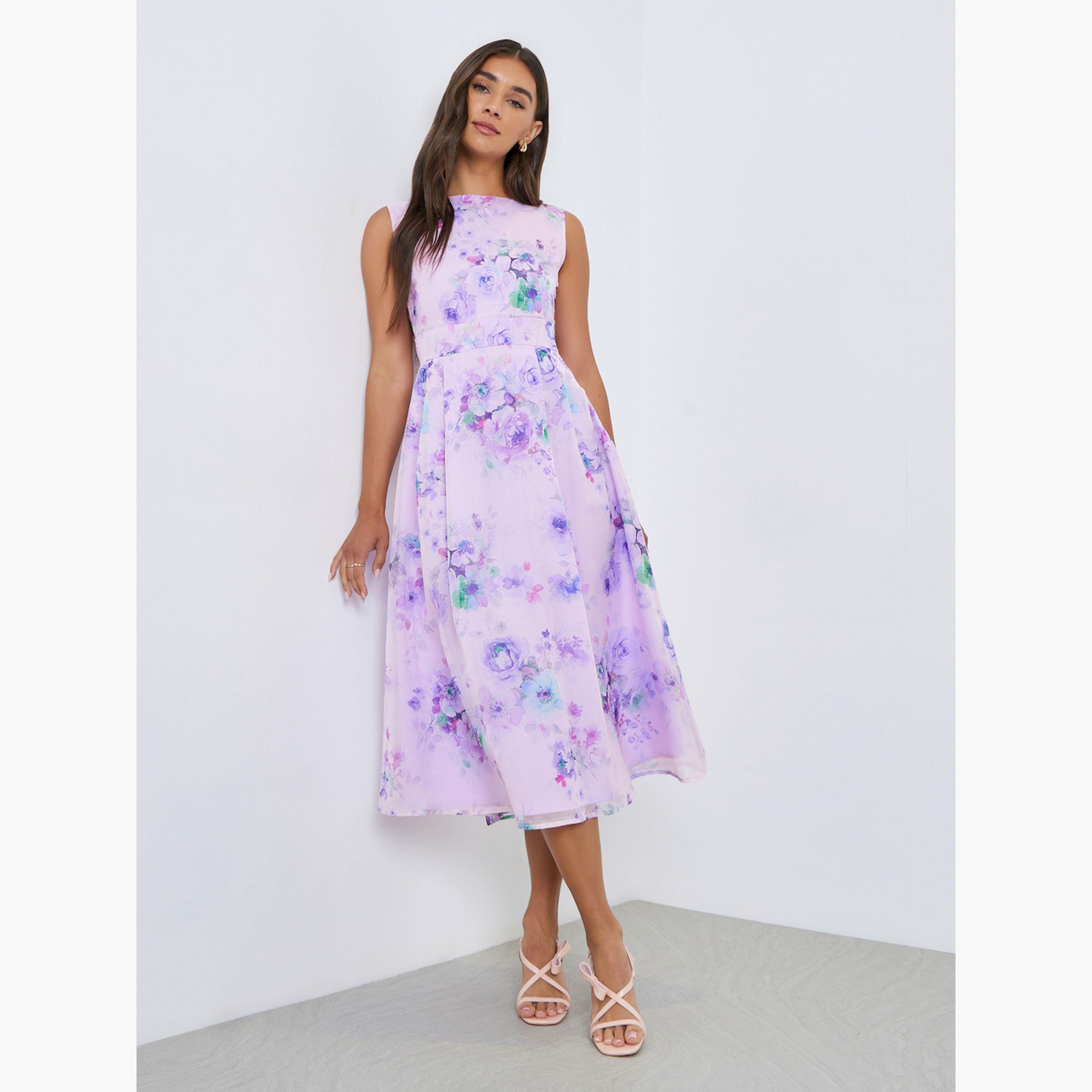 فستان ميدي بلا أكمام بطبعة زهور-women-clothing-dresses-image-1