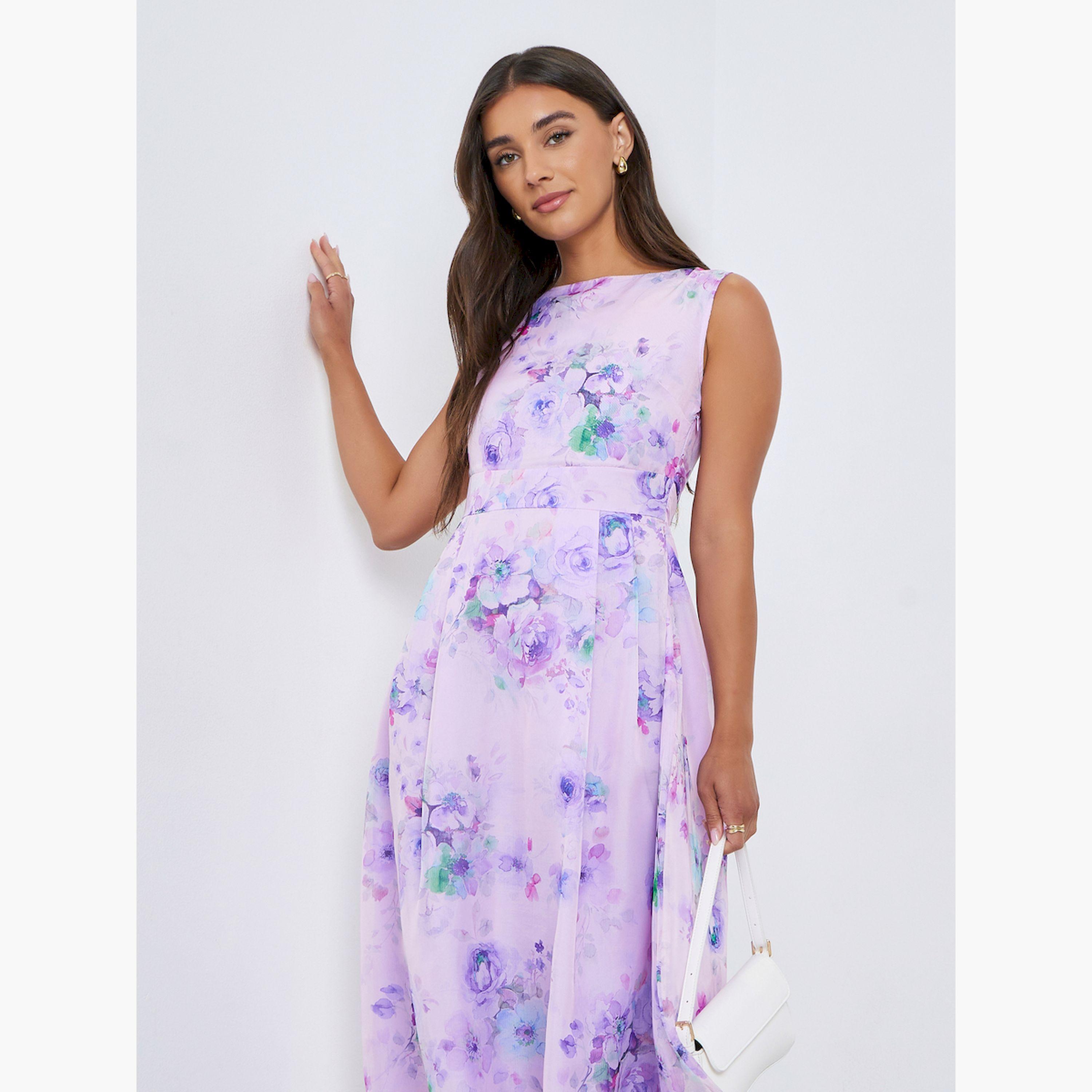 فستان ميدي بلا أكمام بطبعة زهور-women-clothing-dresses-image-2
