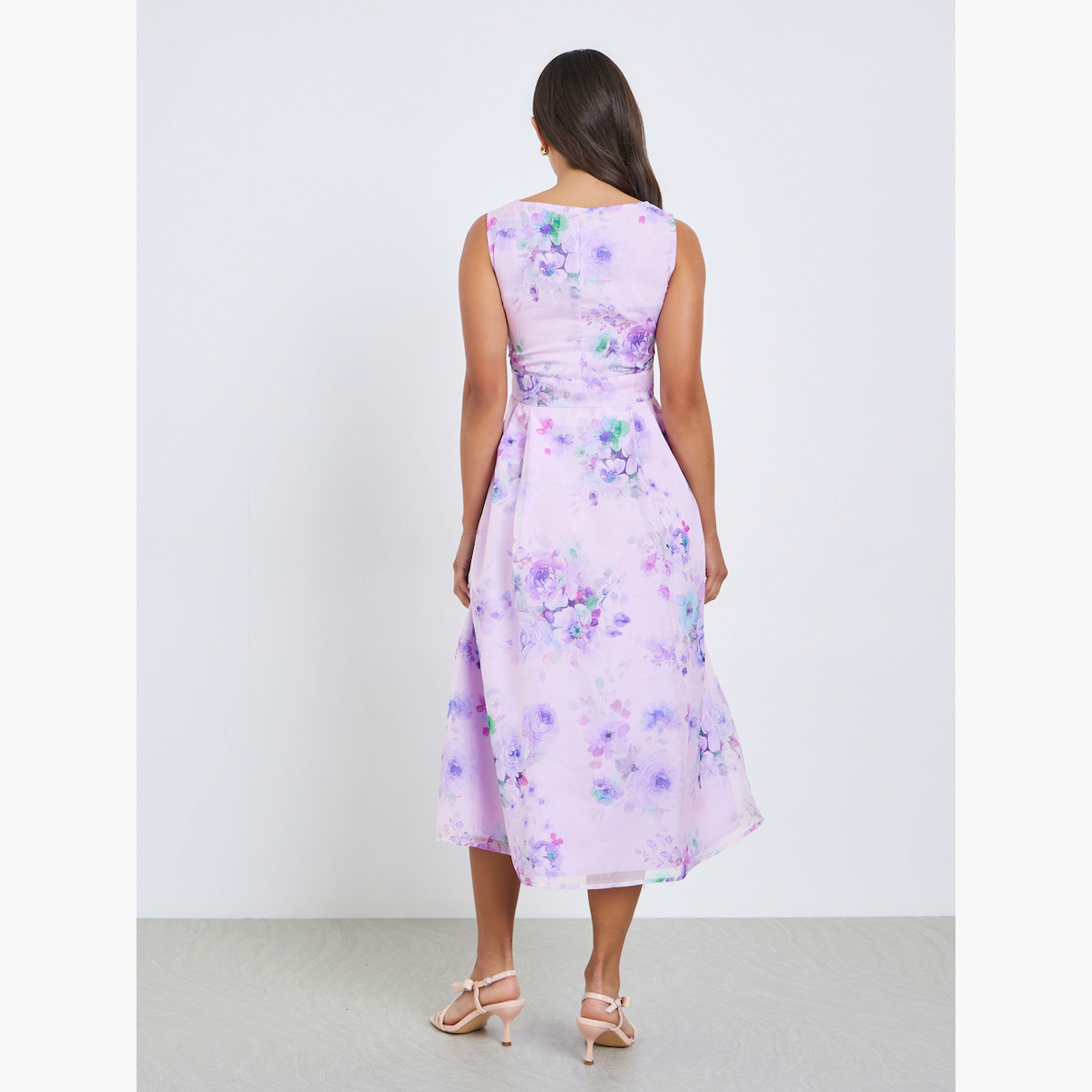 فستان ميدي بلا أكمام بطبعة زهور-women-clothing-dresses-image-5