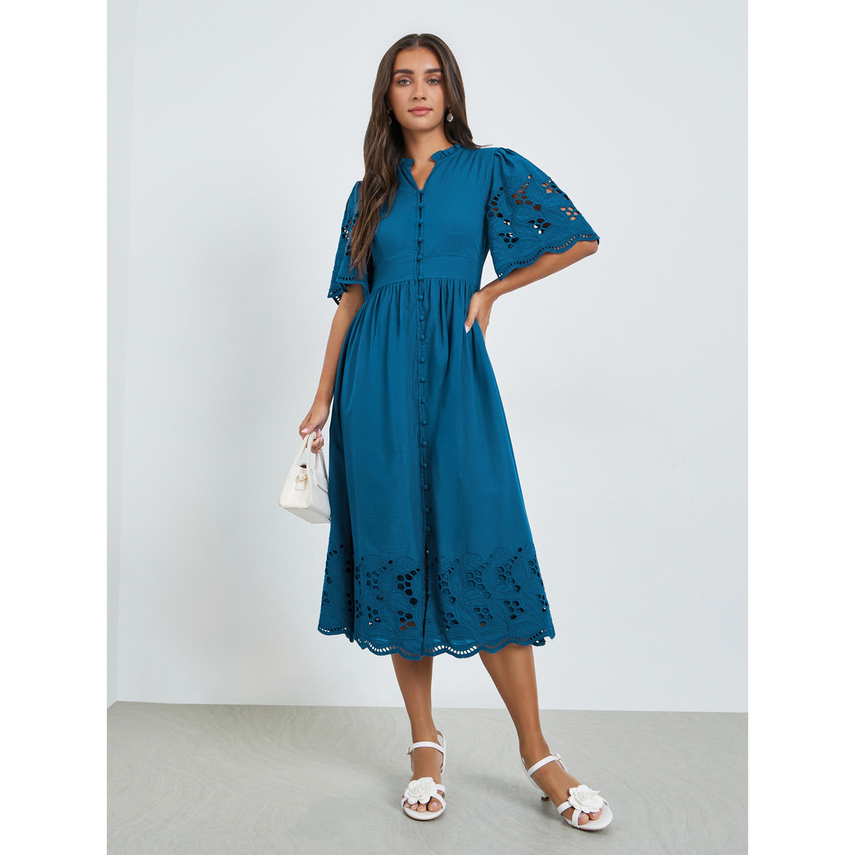 Styli Teal Cotton Schiffli Midi Dress-women-clothing-dresses-image-1