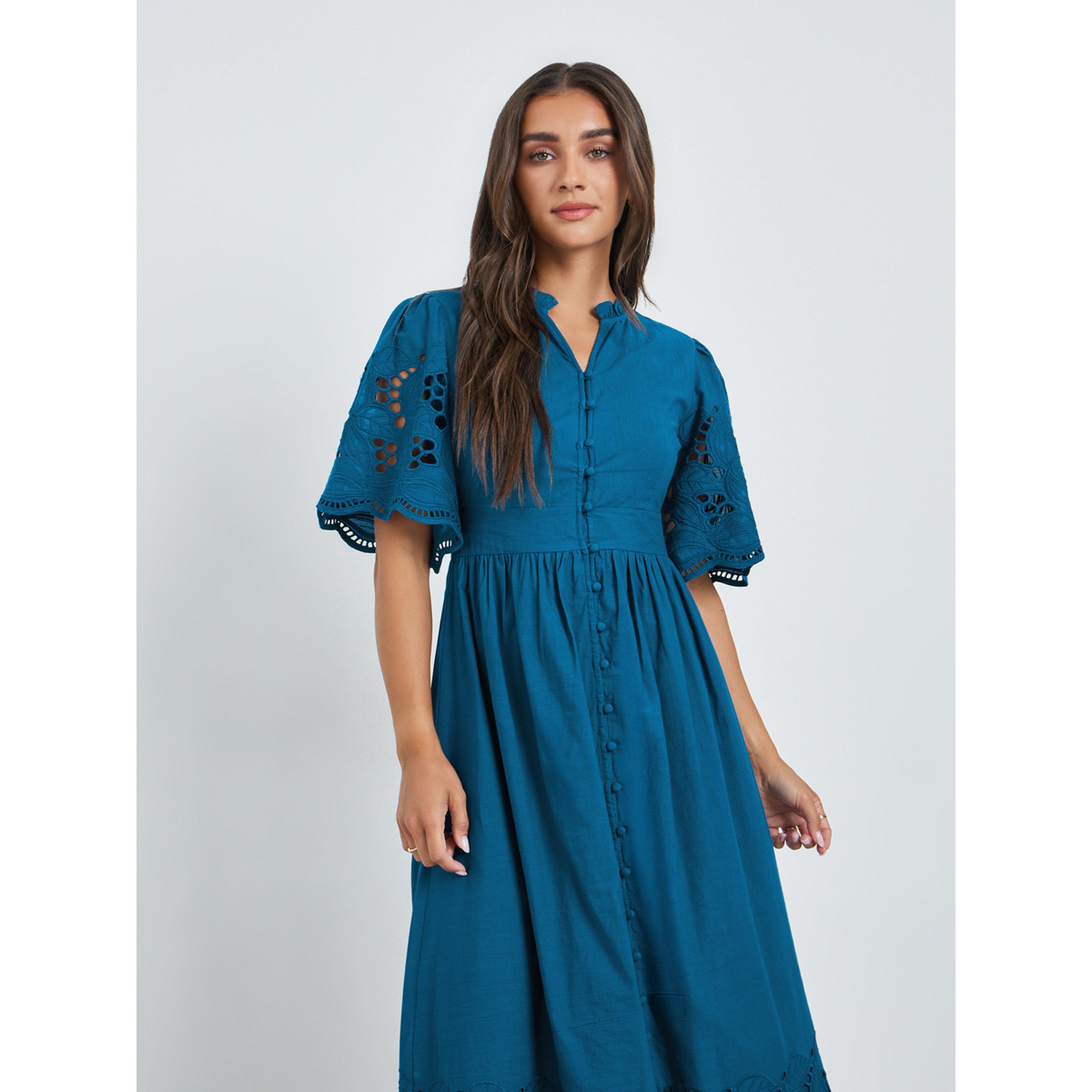 Styli Teal Cotton Schiffli Midi Dress-women-clothing-dresses-image-2