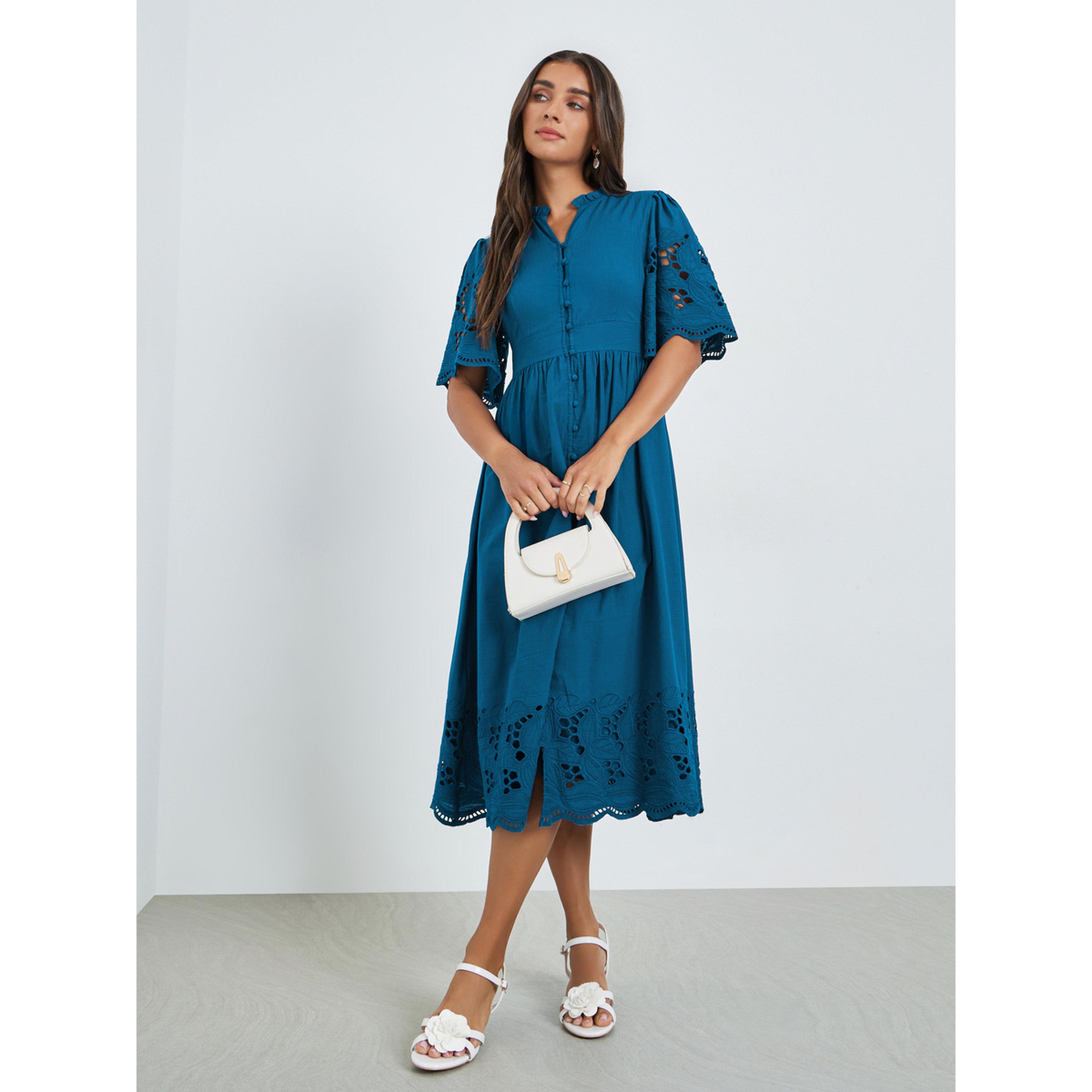 Styli Teal Cotton Schiffli Midi Dress-women-clothing-dresses-image-3