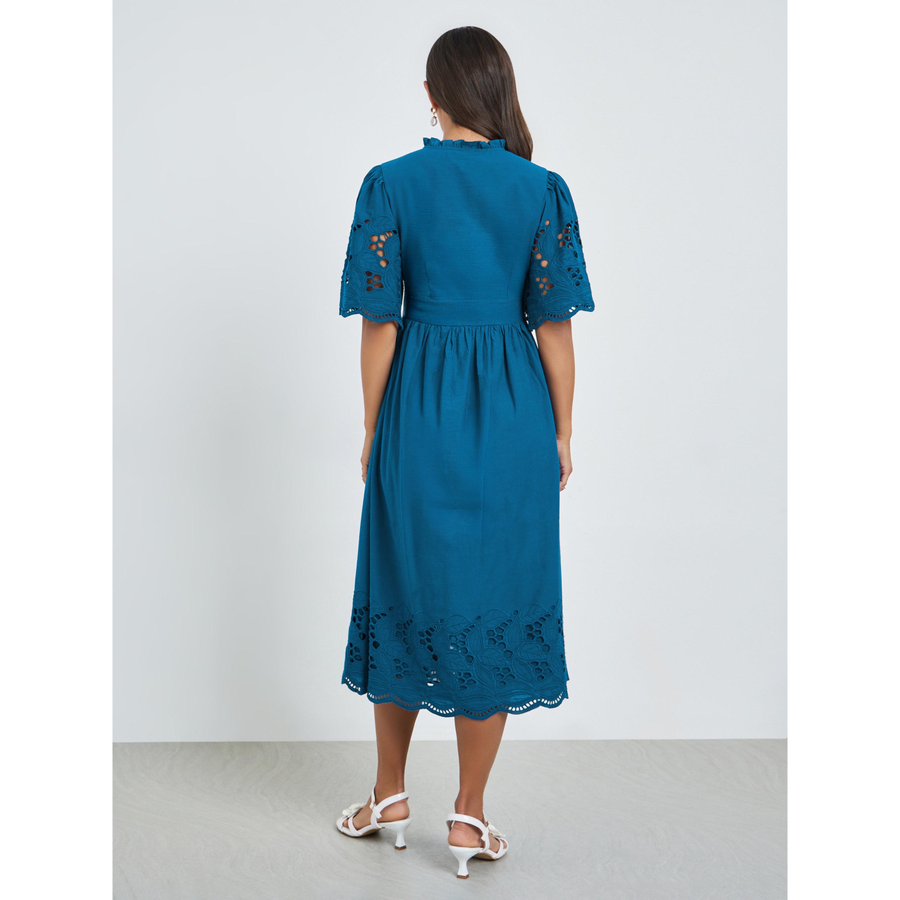 Styli Teal Cotton Schiffli Midi Dress-women-clothing-dresses-image-4