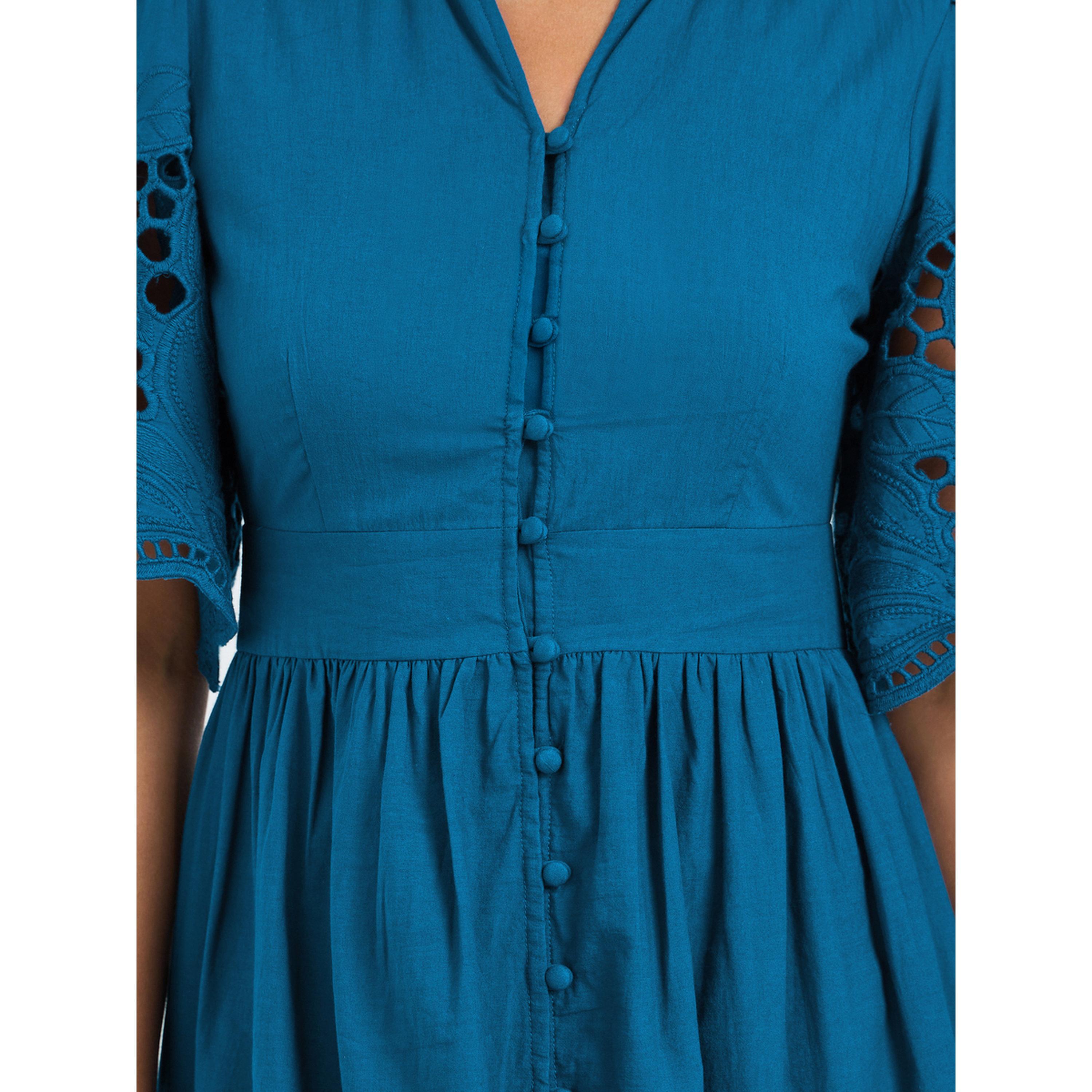 Styli Teal Cotton Schiffli Midi Dress-women-clothing-dresses-image-5