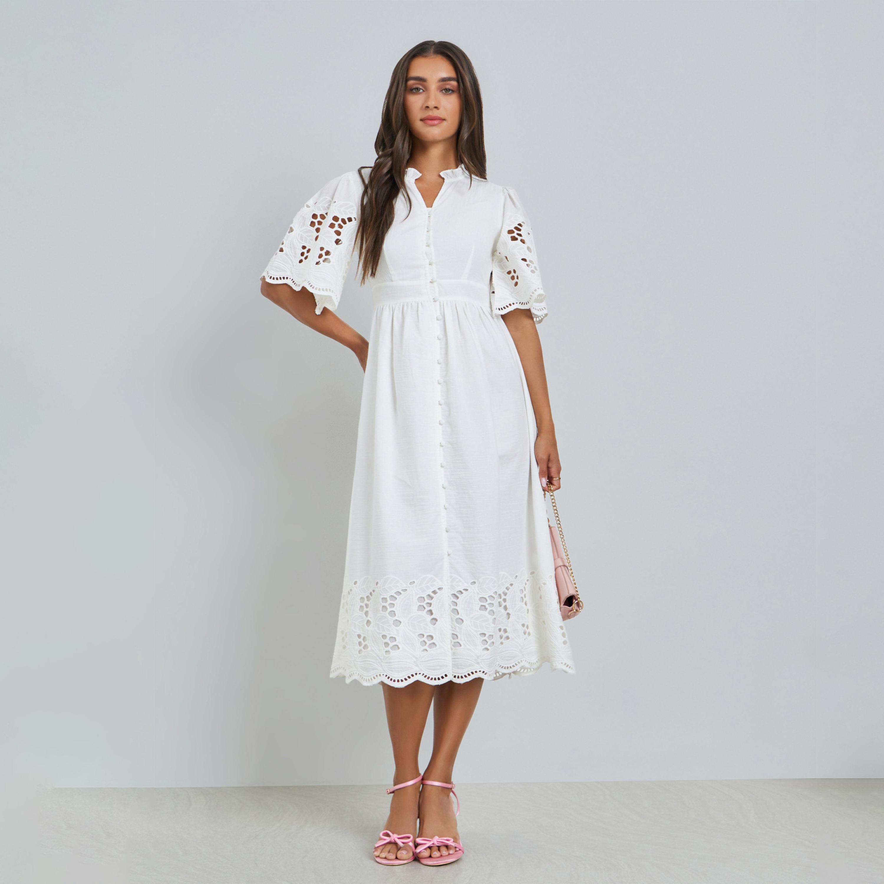 Styli White Cotton Schiffli Midi Dress-women-clothing-dresses-image-1