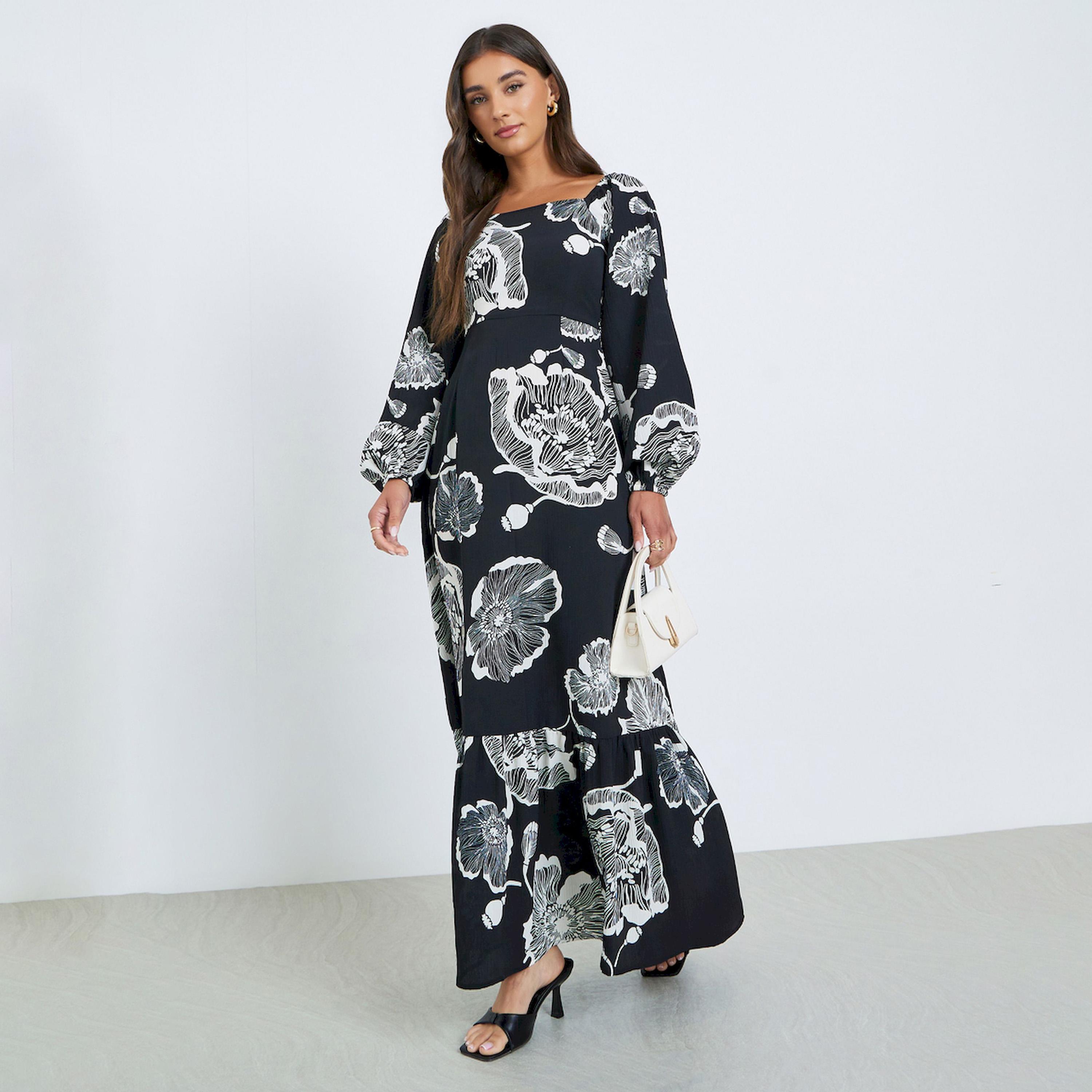 فستان طويل بياقة مربعة ونقشة زهور-women-clothing-dresses-image-1