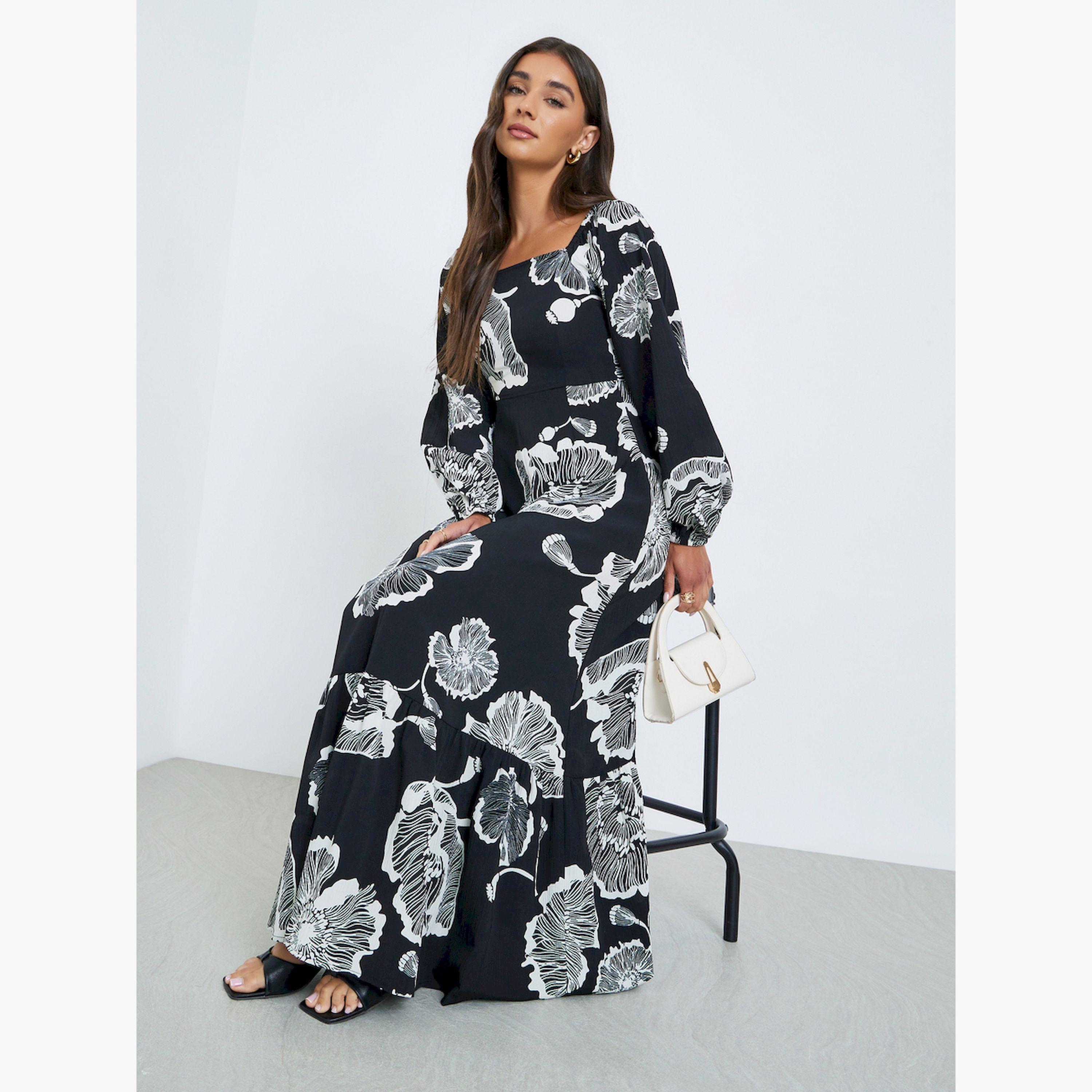 فستان طويل بياقة مربعة ونقشة زهور-women-clothing-dresses-image-2