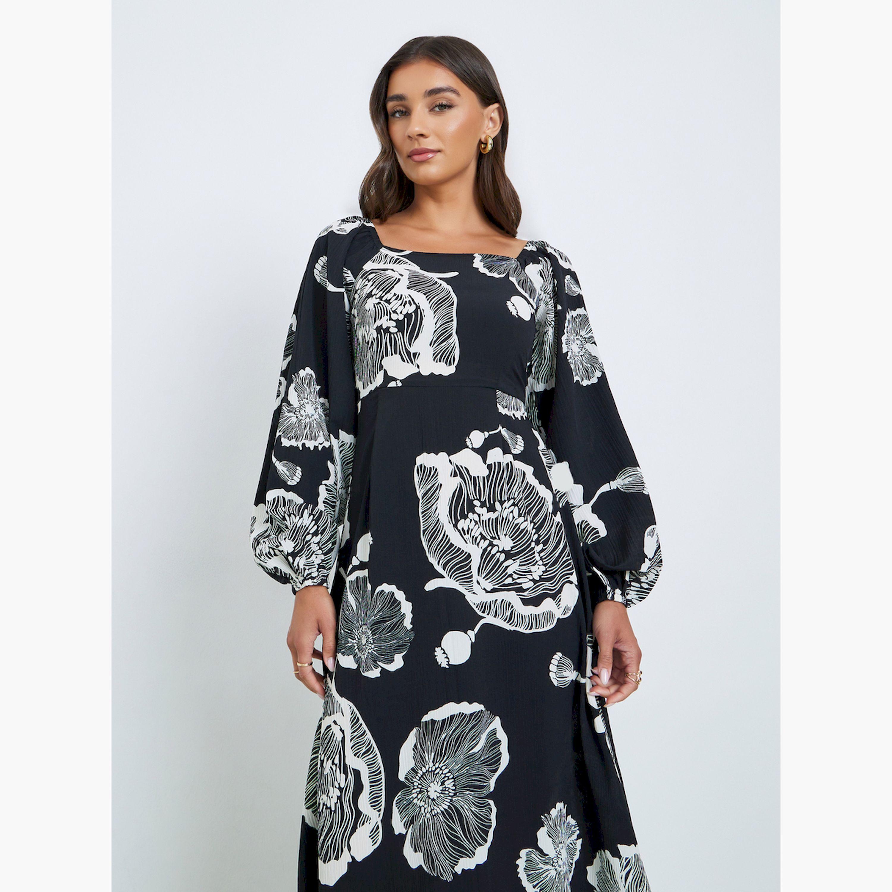 فستان طويل بياقة مربعة ونقشة زهور-women-clothing-dresses-image-3
