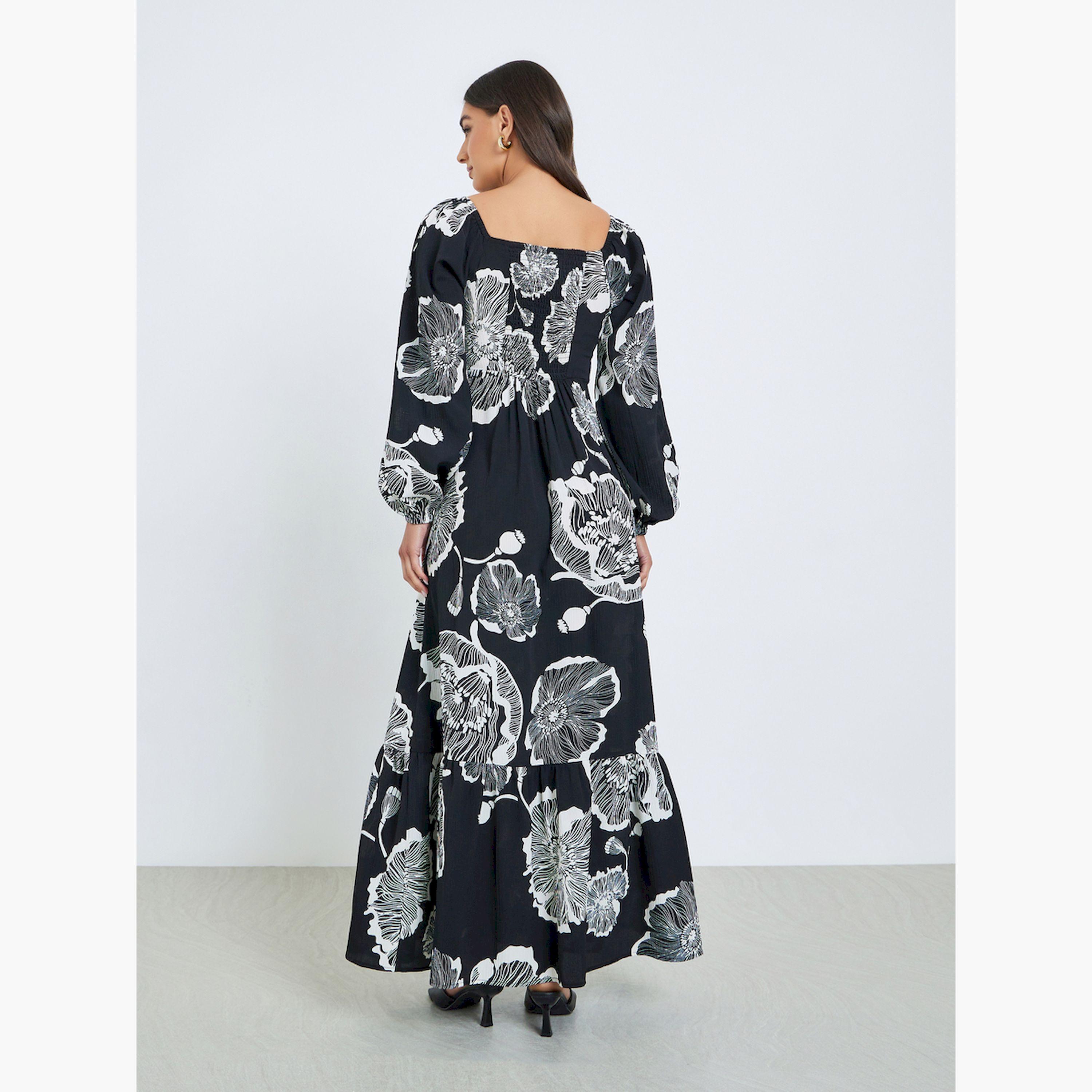 فستان طويل بياقة مربعة ونقشة زهور-women-clothing-dresses-image-4