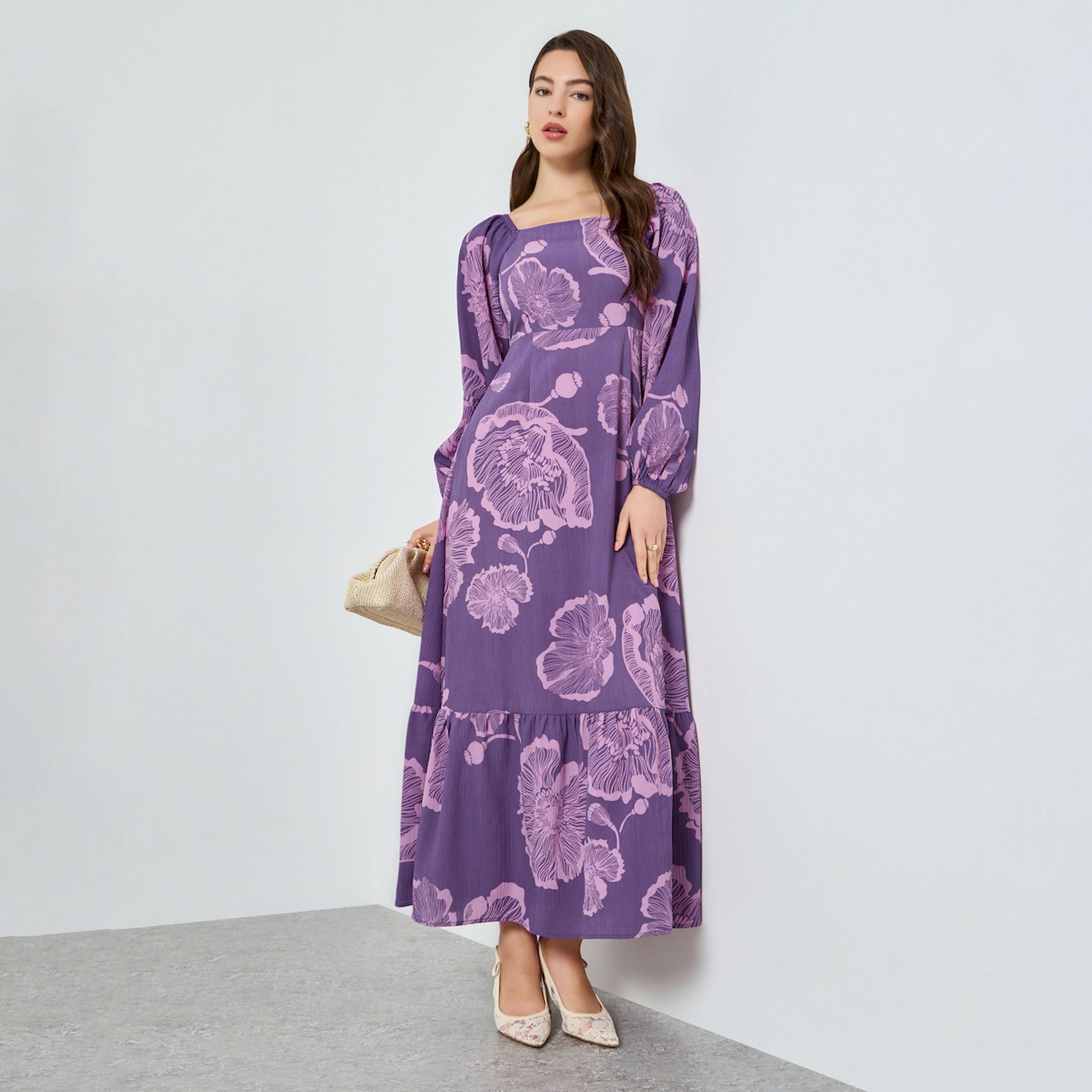 Styli Lilac Floral Square Neck Maxi Dress-women-clothing-dresses-image-1