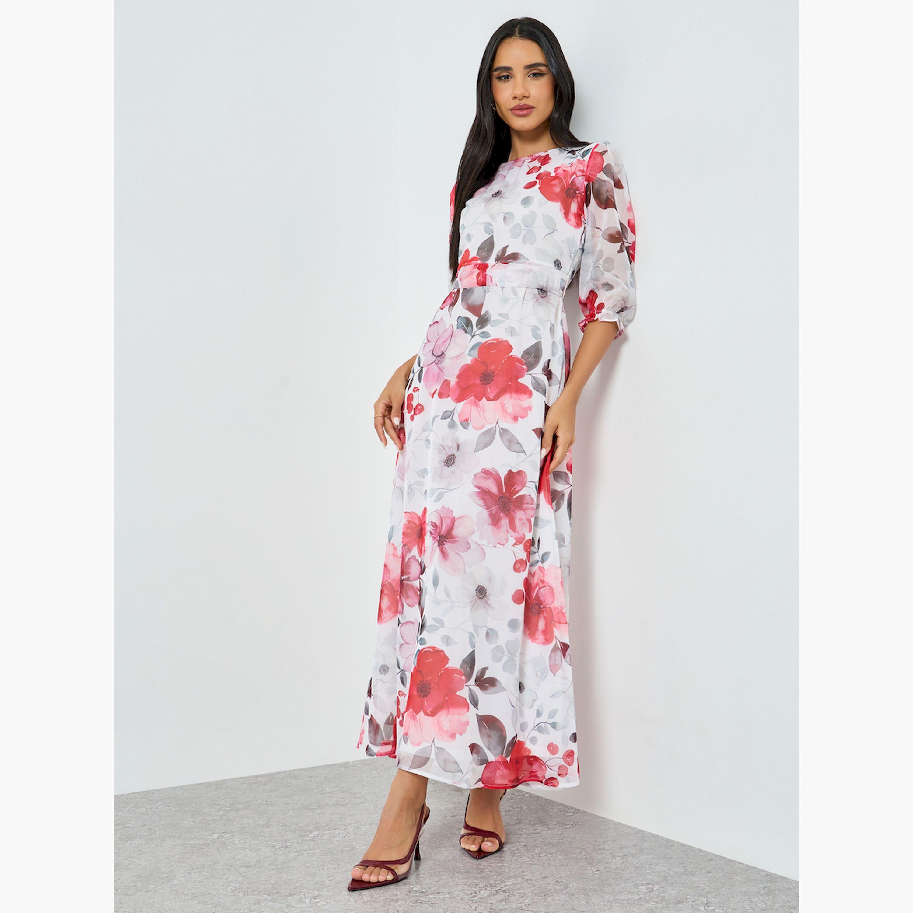 فستان طويل بحافة واسعة أورجانزا بطبعة زهور-women-clothing-dresses-image-3