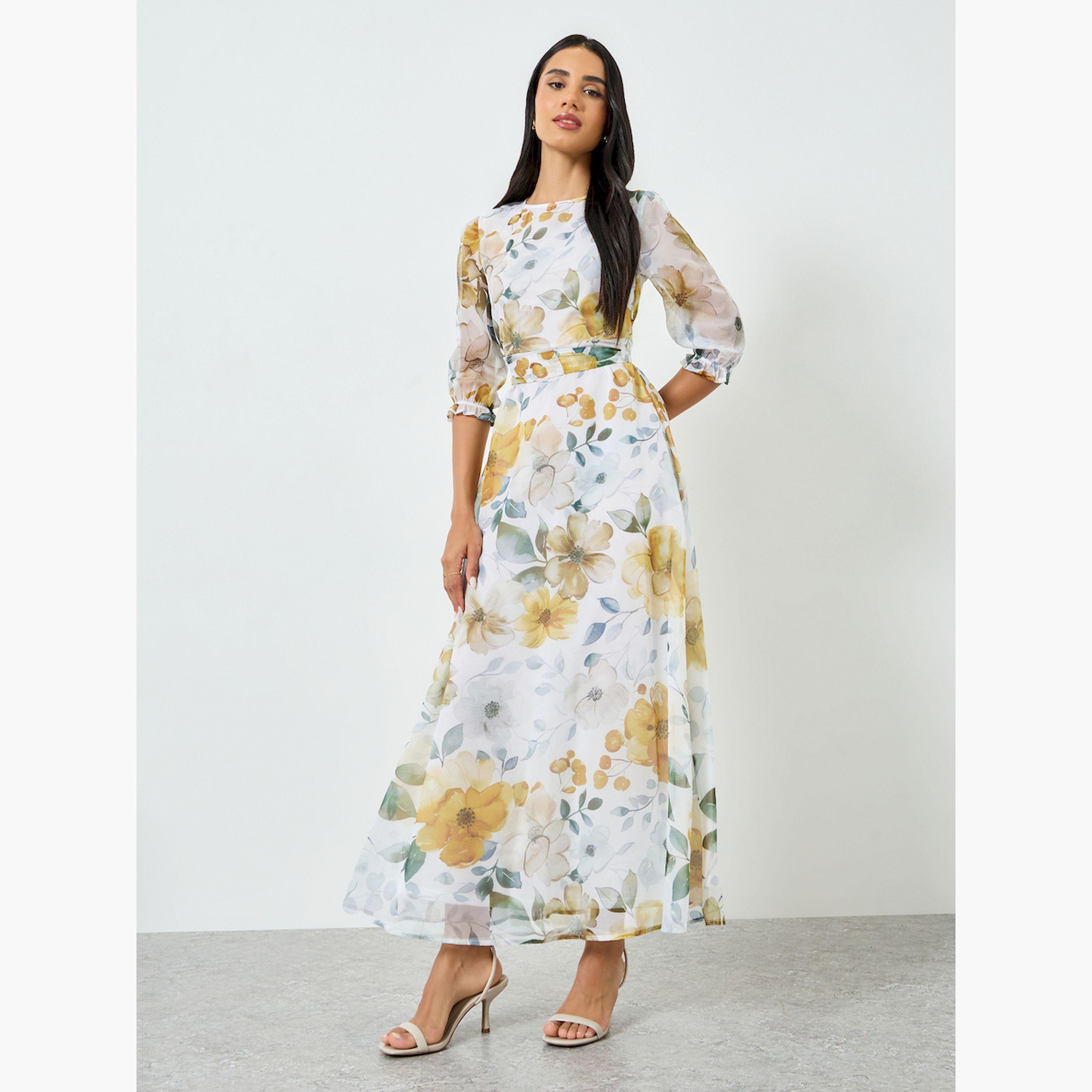 فستان طويل بحافة واسعة أورجانزا بطبعة زهور-women-clothing-dresses-image-1