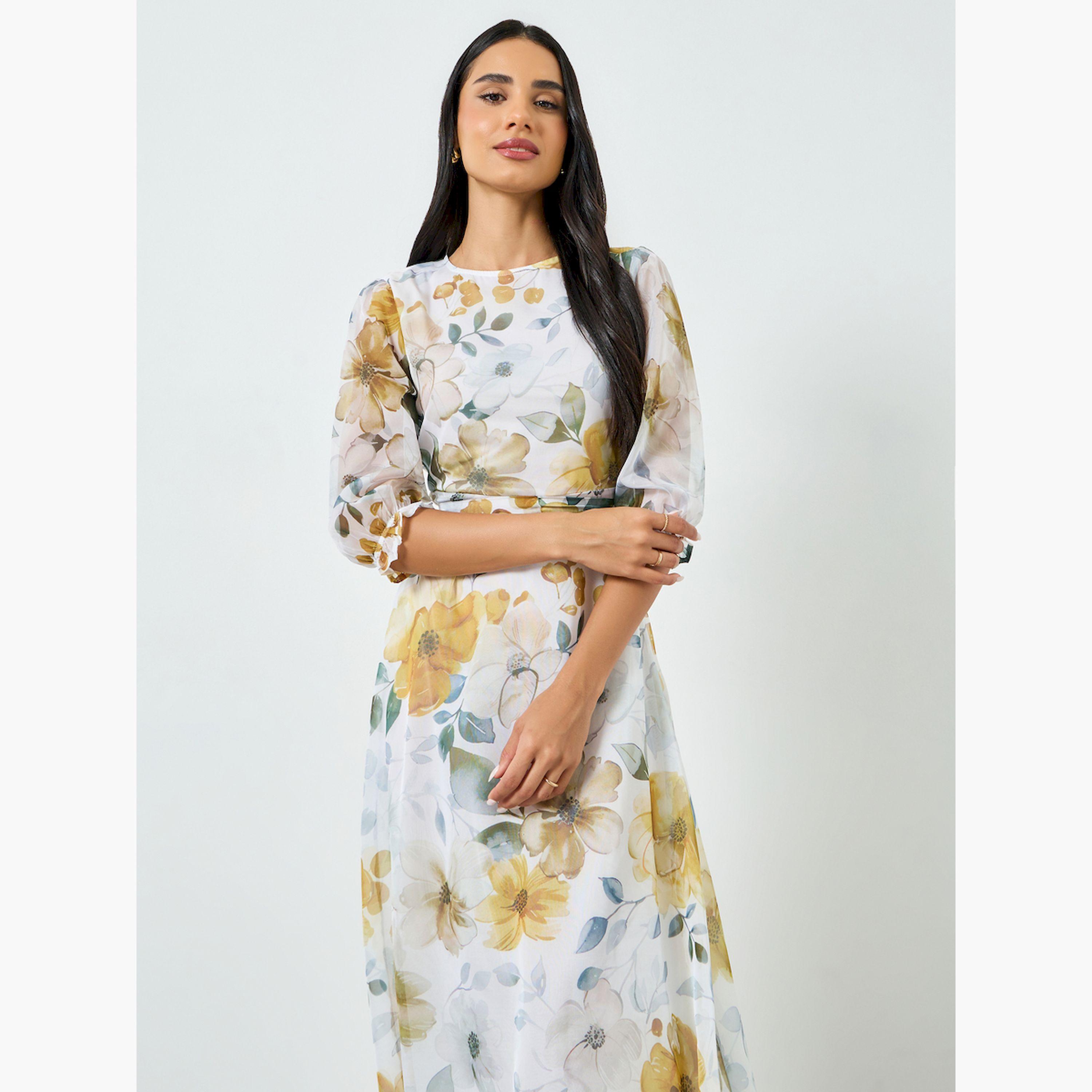 فستان طويل بحافة واسعة أورجانزا بطبعة زهور-women-clothing-dresses-image-2