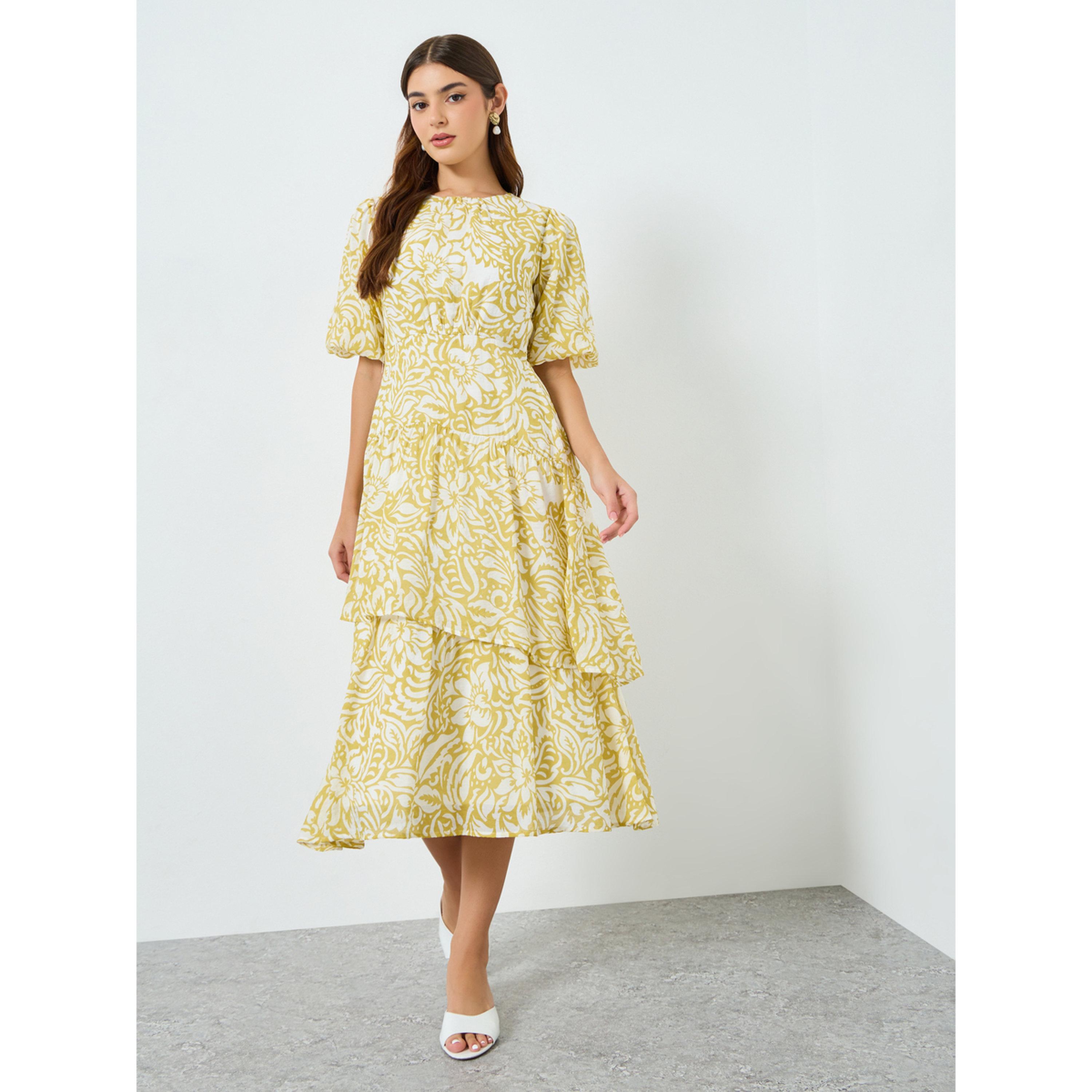 فستان ميدي نسائي بنقشة زهور وأكمام منفوخة-women-clothing-dresses-image-1