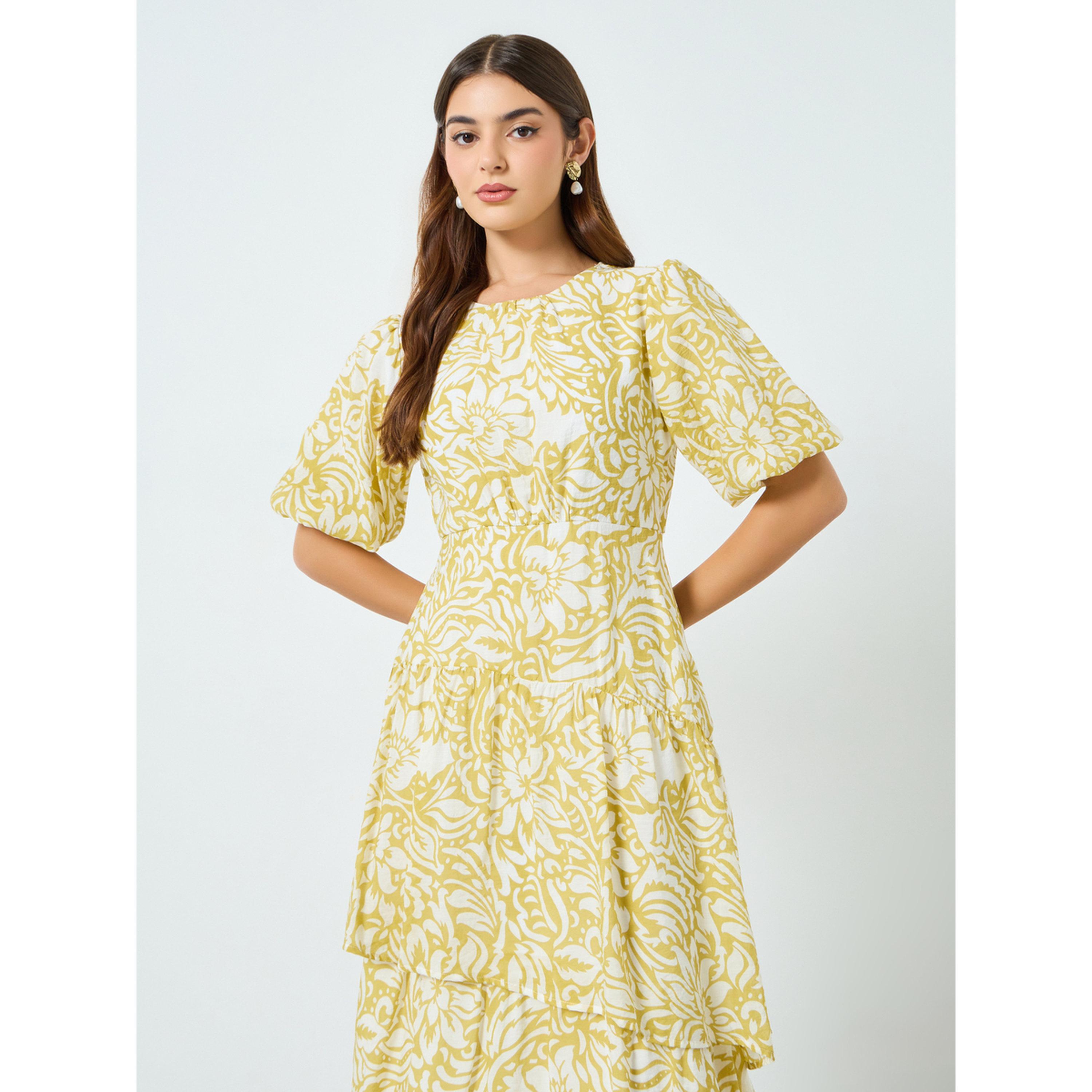 فستان ميدي نسائي بنقشة زهور وأكمام منفوخة-women-clothing-dresses-image-2