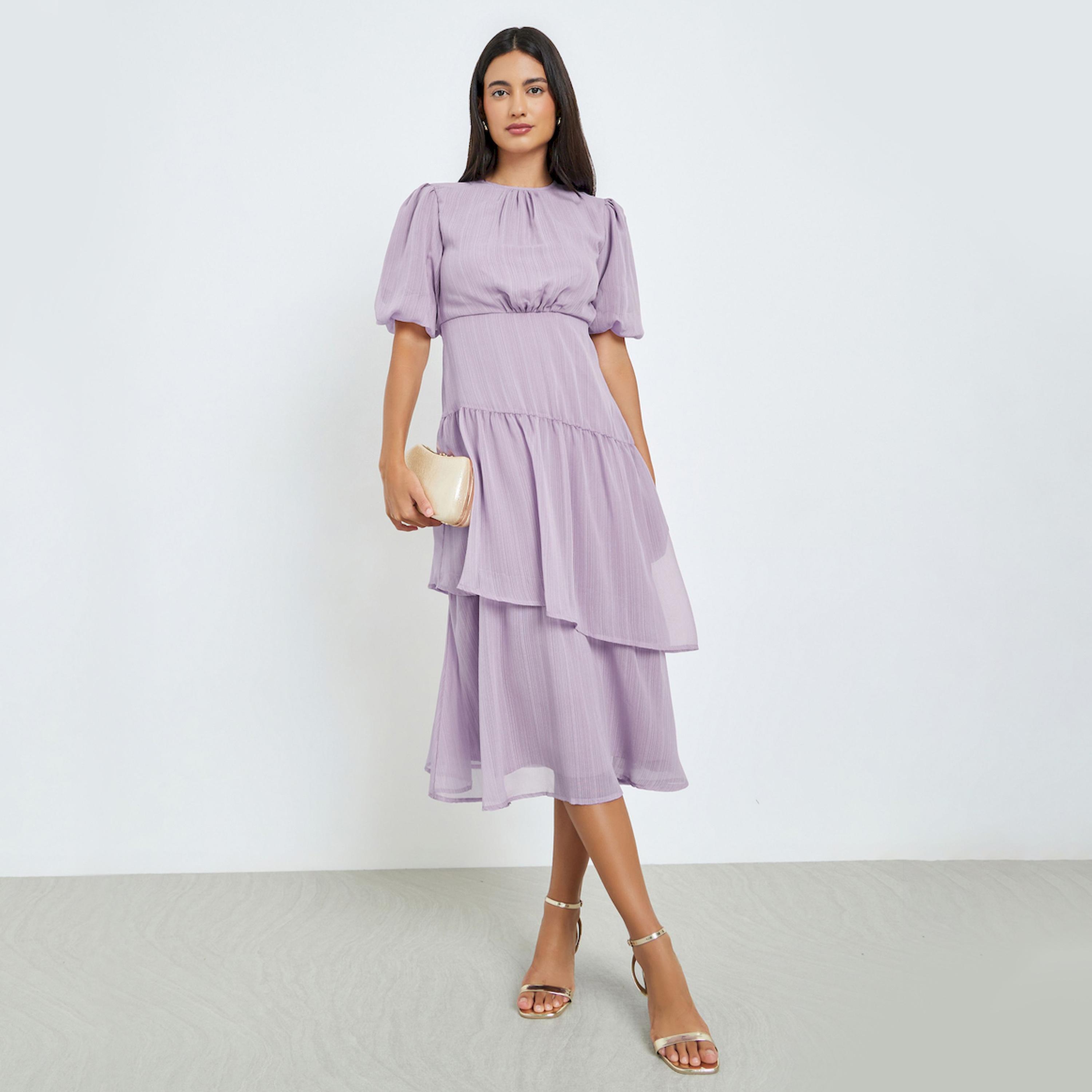 فستان ميدي بطبقات وأكمام منفوخة-women-clothing-dresses-image-1