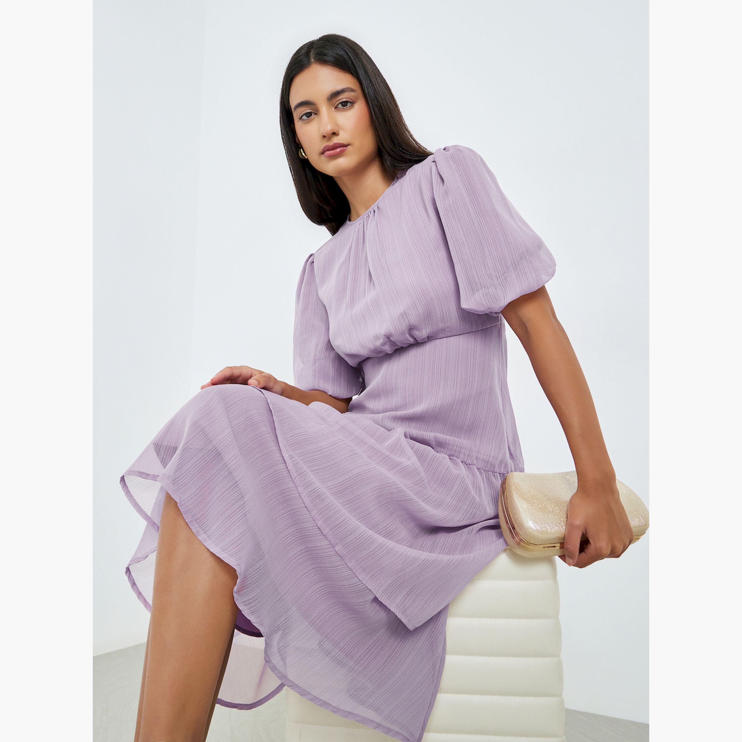 Styli Lilac Puff Sleeve Tiered Midi Dress-women-clothing-dresses-image-2