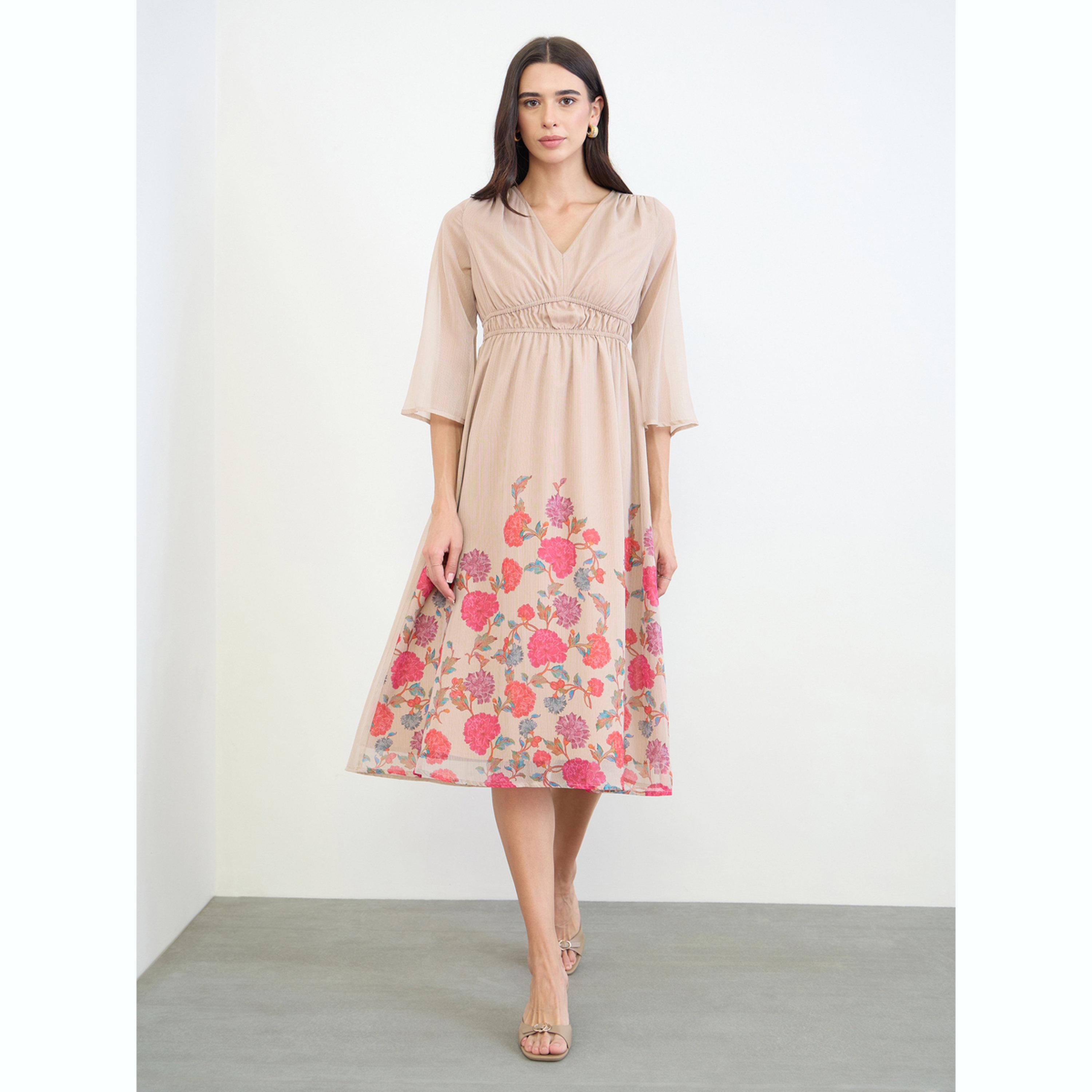 فستان ميدي بطبعة زهور وأكمام بطول 3/4-women-clothing-dresses-image-1