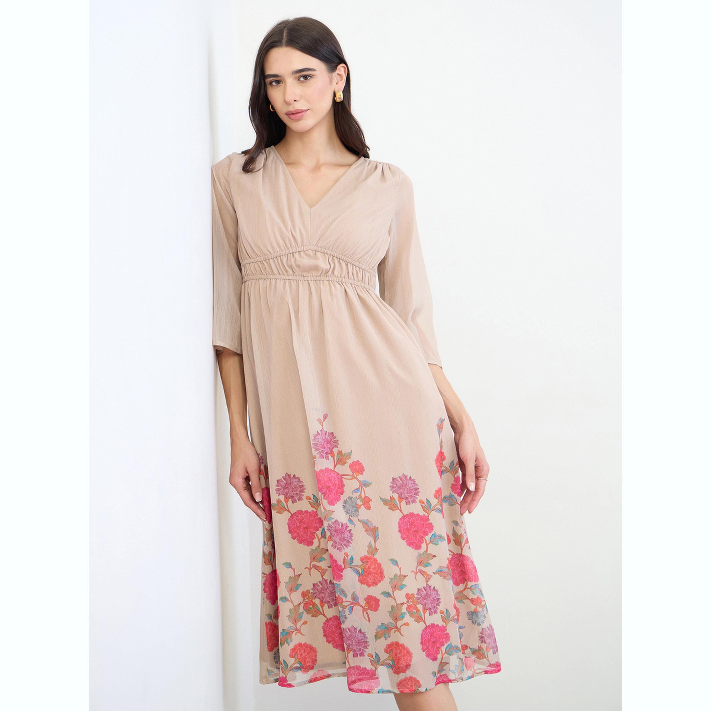 فستان ميدي بطبعة زهور وأكمام بطول 3/4-women-clothing-dresses-image-3