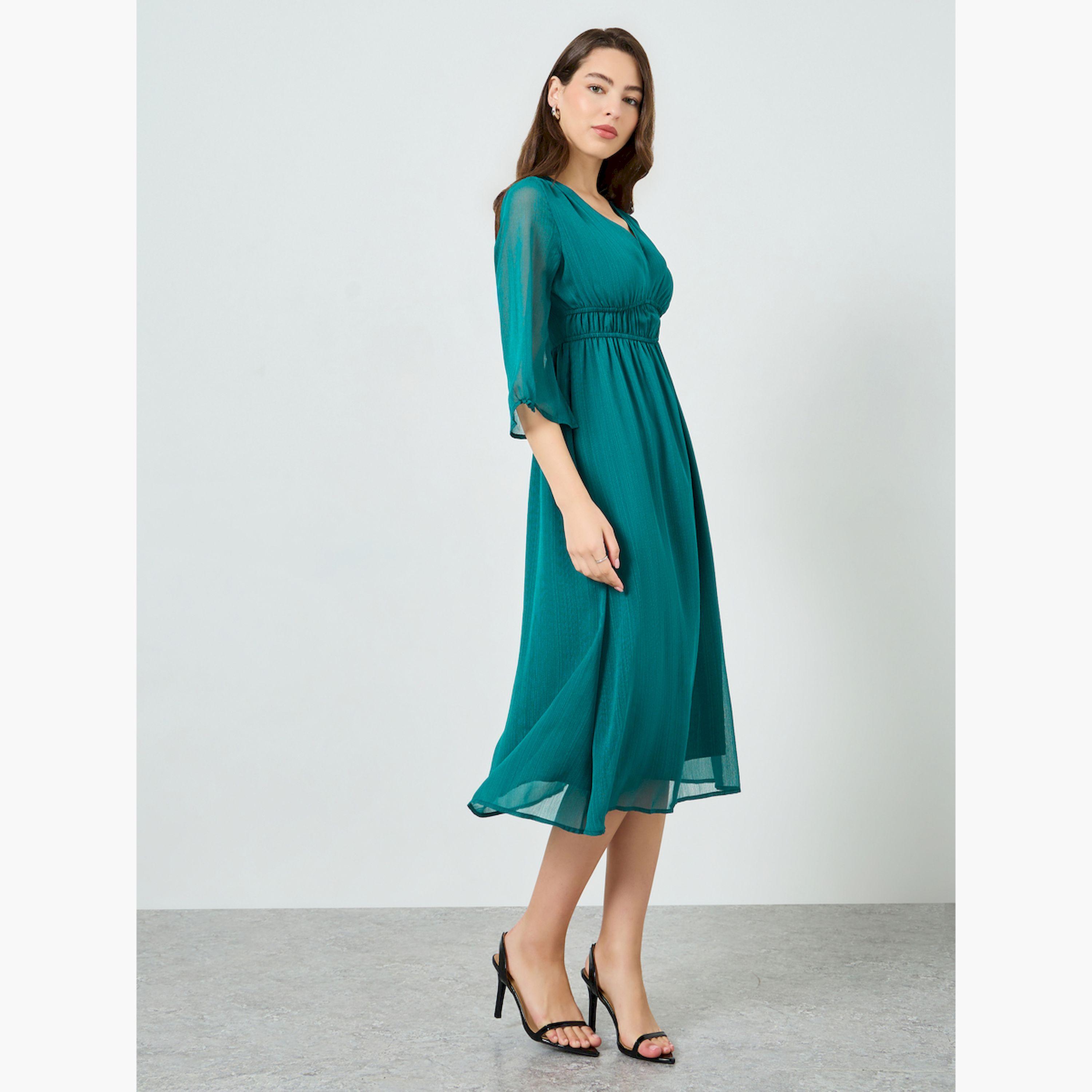 فستان ميدي بنسيج بارز وأكمام 3/4-women-clothing-dresses-image-2