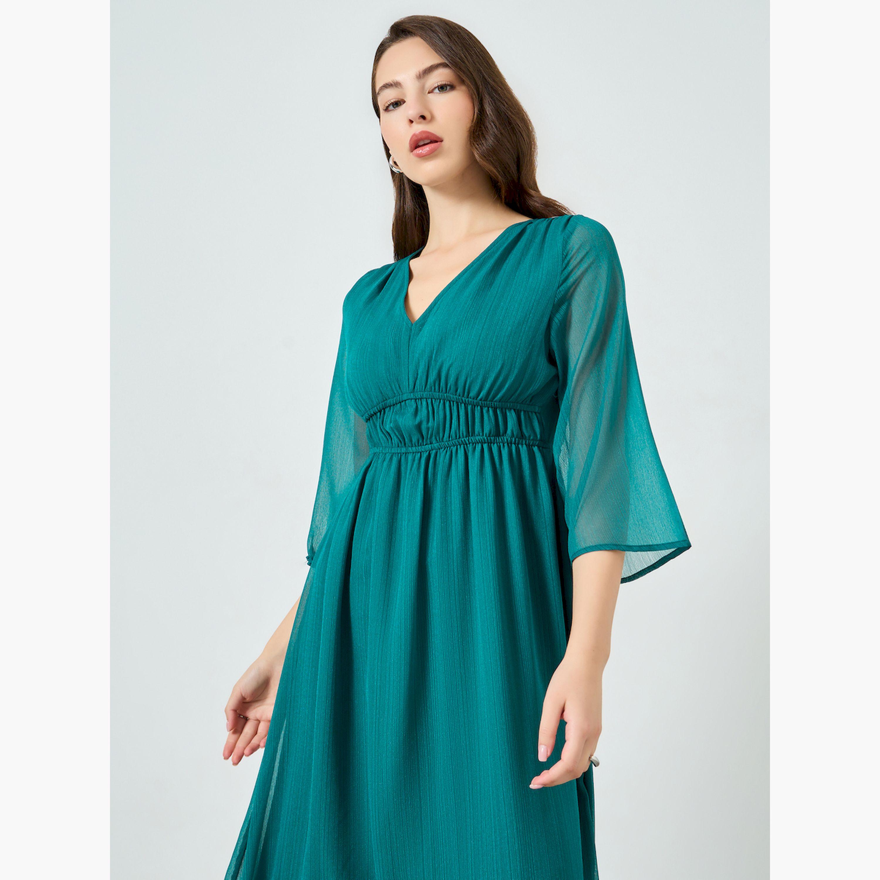فستان ميدي بنسيج بارز وأكمام 3/4-women-clothing-dresses-image-3