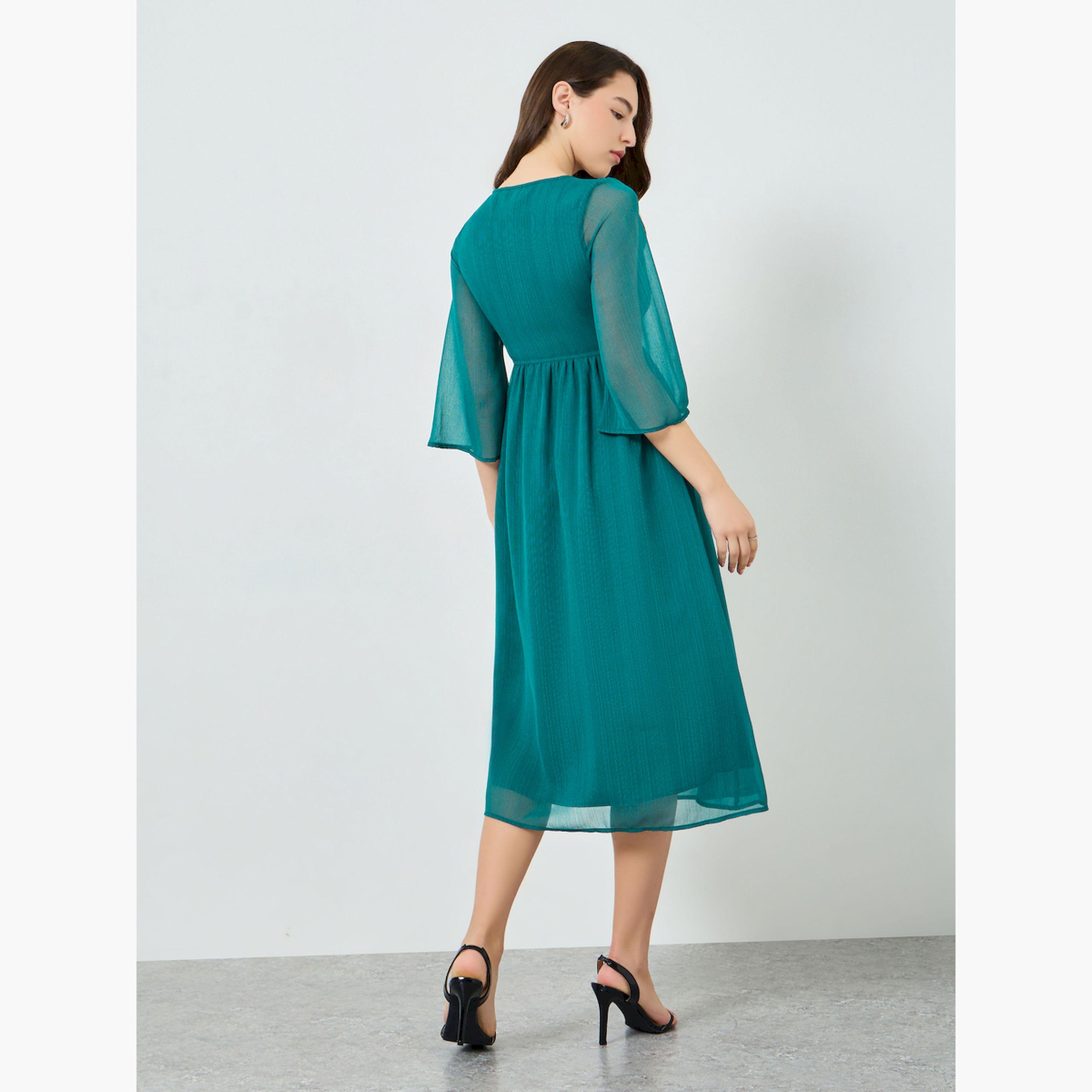 فستان ميدي بنسيج بارز وأكمام 3/4-women-clothing-dresses-image-4