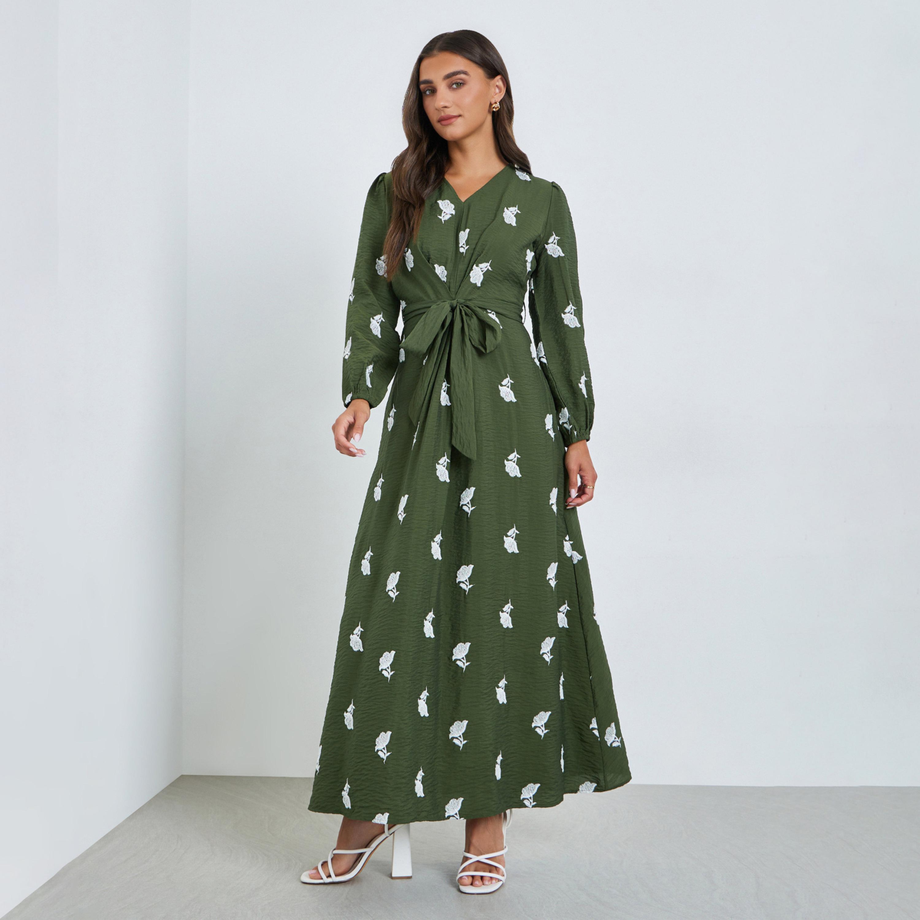 Styli Olive Embroidered Floral Maxi Dress with Tie Belt-women-clothing-dresses-image-1