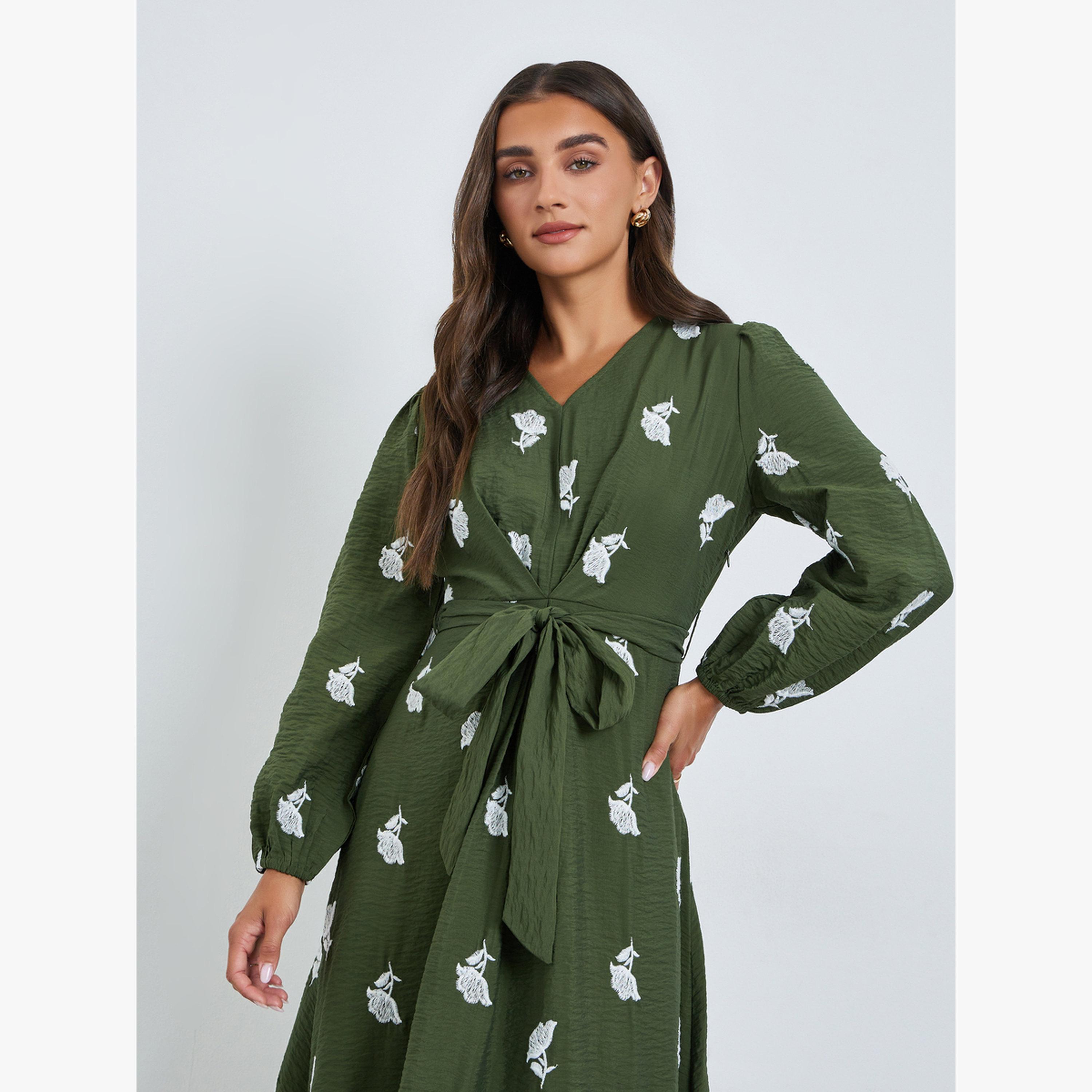 Styli Olive Embroidered Floral Maxi Dress with Tie Belt-women-clothing-dresses-image-2