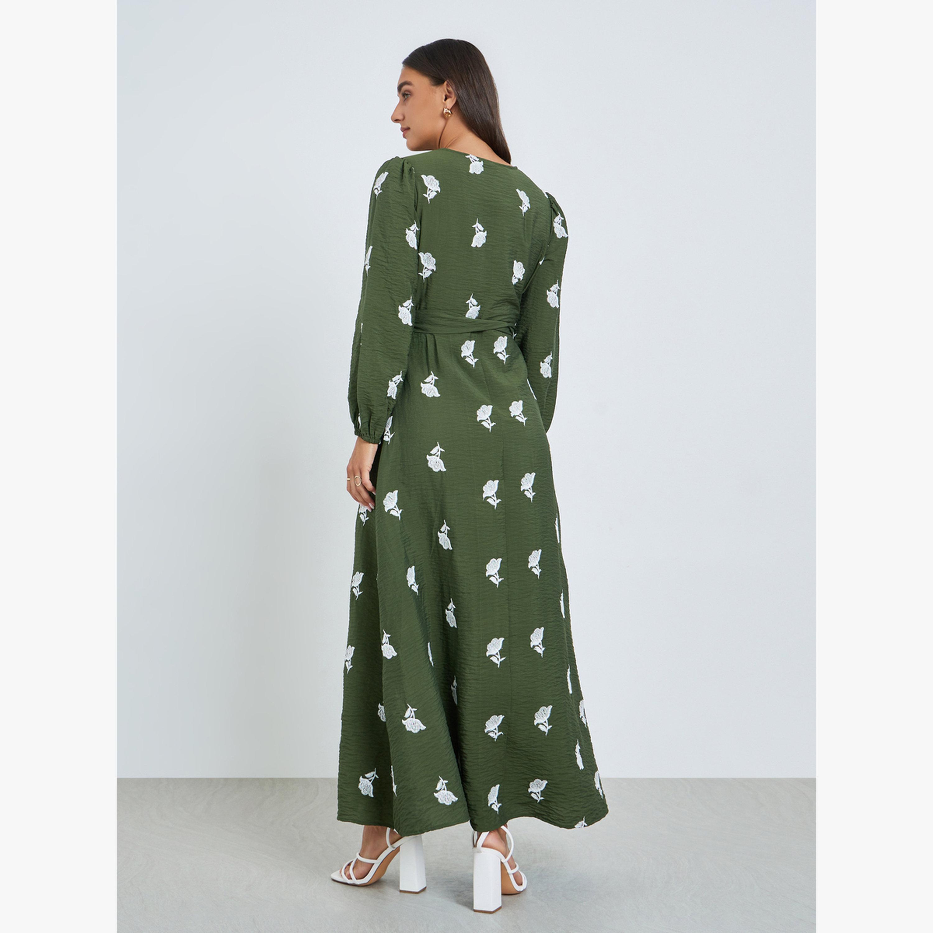 Styli Olive Embroidered Floral Maxi Dress with Tie Belt-women-clothing-dresses-image-4