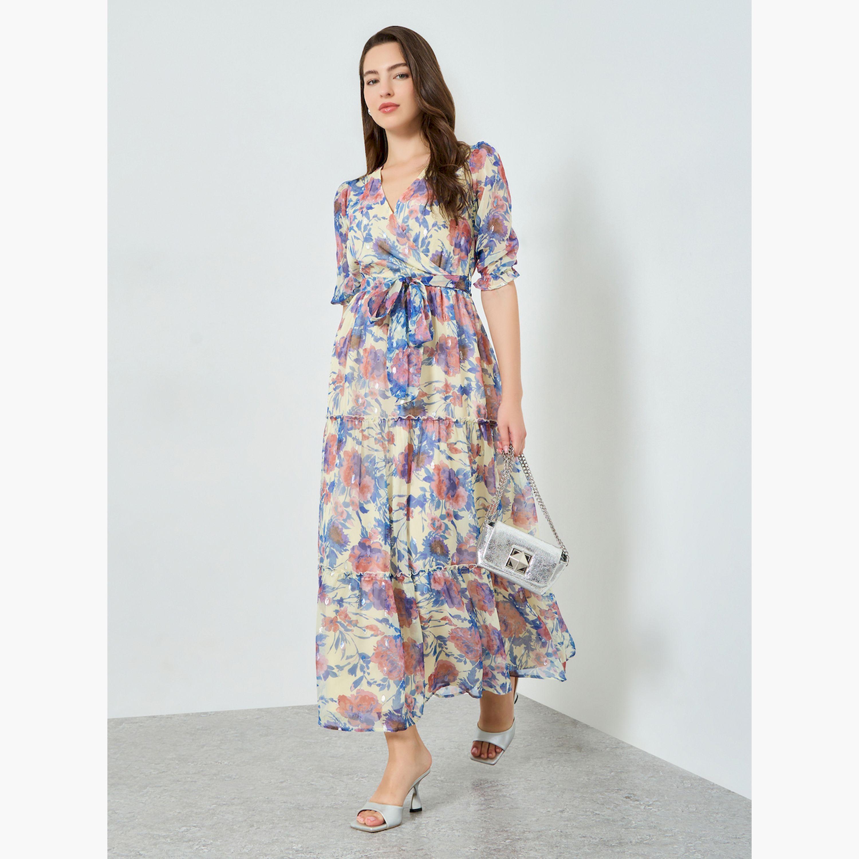Styli Women Lurex Chiffon Floral Print Maxi Dress-women-clothing-dresses-image-1