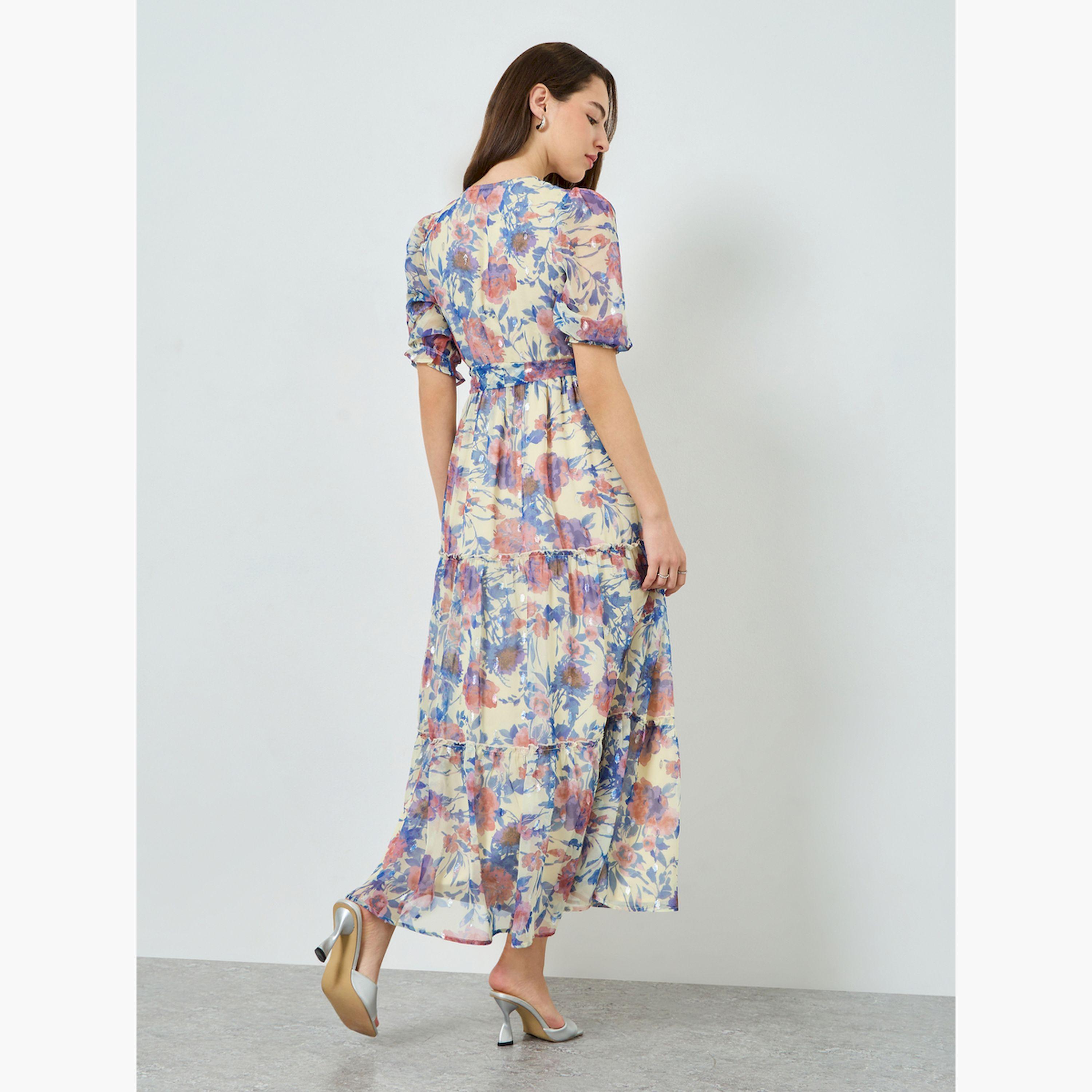 Styli Women Lurex Chiffon Floral Print Maxi Dress-women-clothing-dresses-image-4