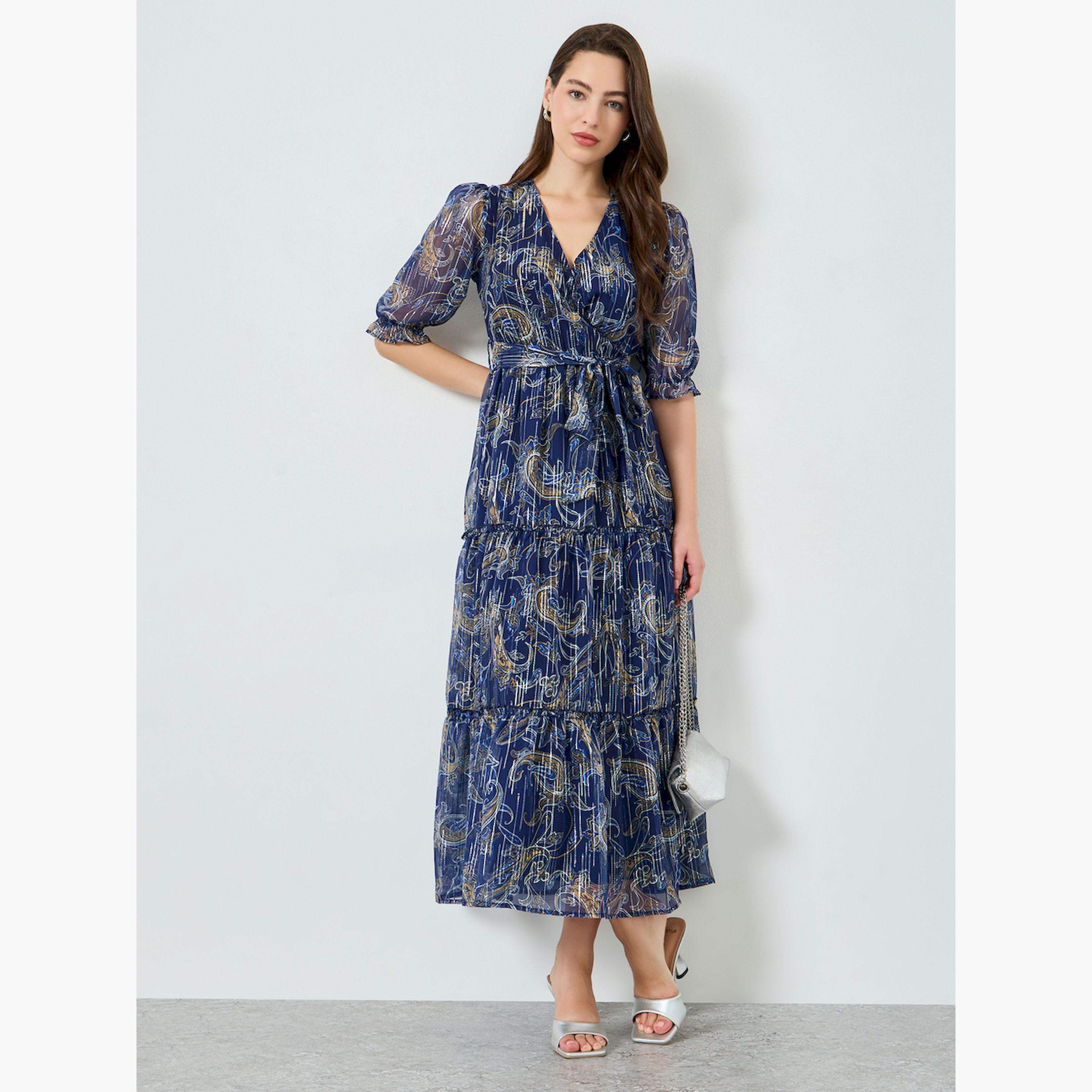 Styli Women Lurex Chiffon Floral Print Maxi Dress-women-clothing-dresses-image-1