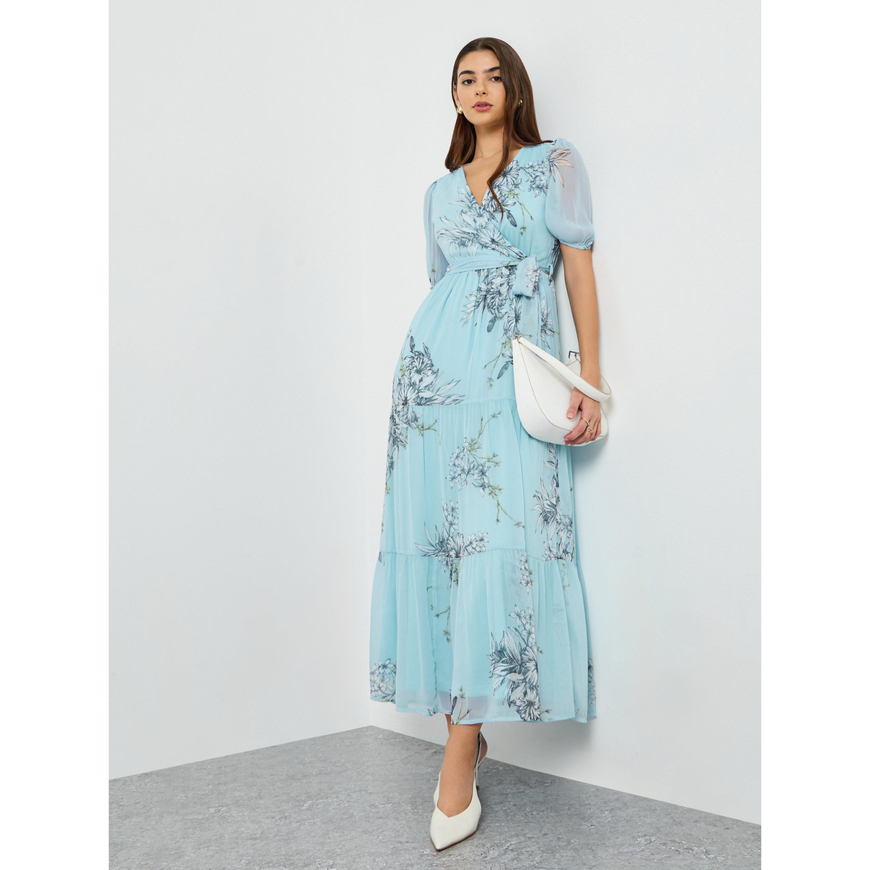 فستان ميدي ملفوف بأكمام منفوخة ونقشة زهور-women-clothing-dresses-image-1