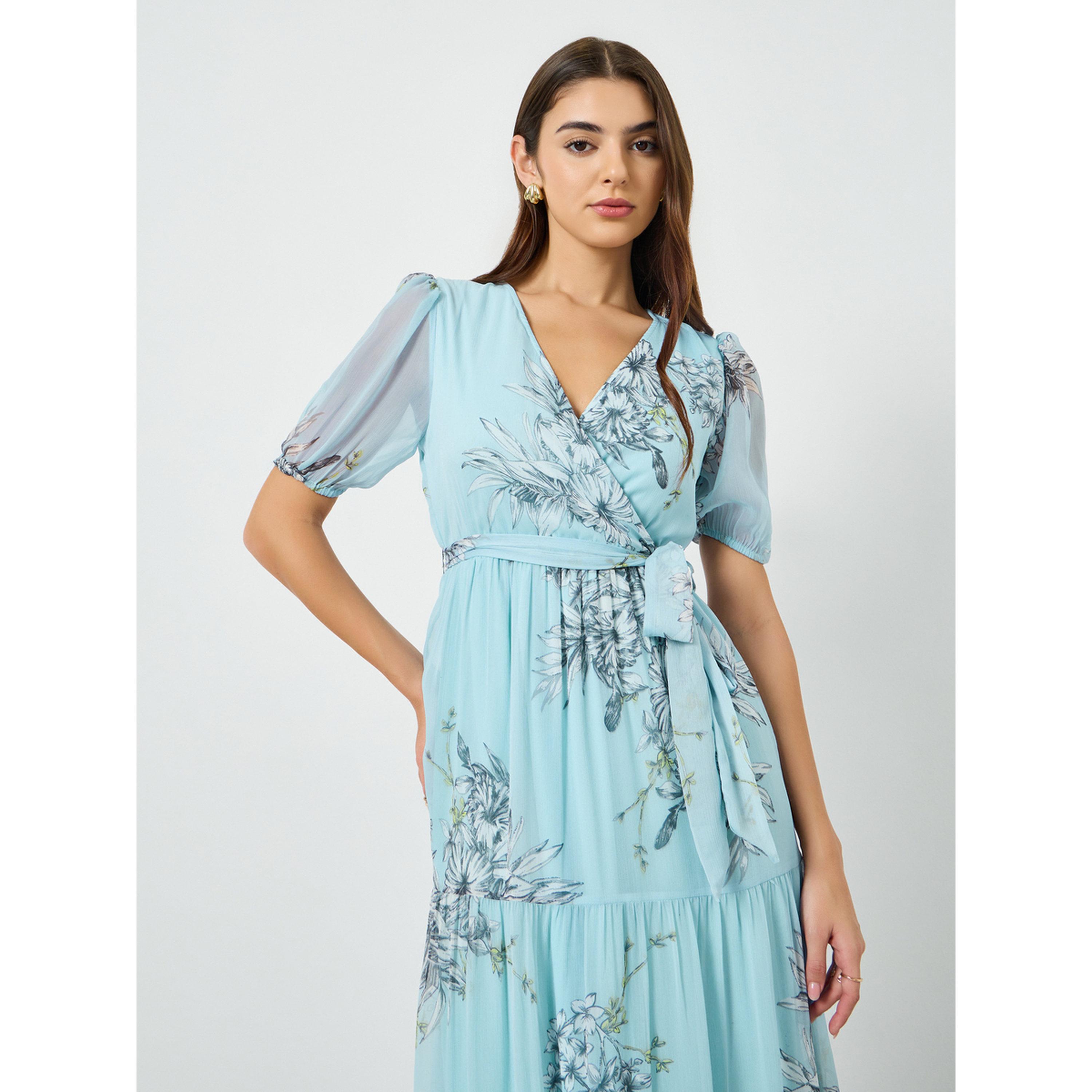 فستان ميدي ملفوف بأكمام منفوخة ونقشة زهور-women-clothing-dresses-image-2