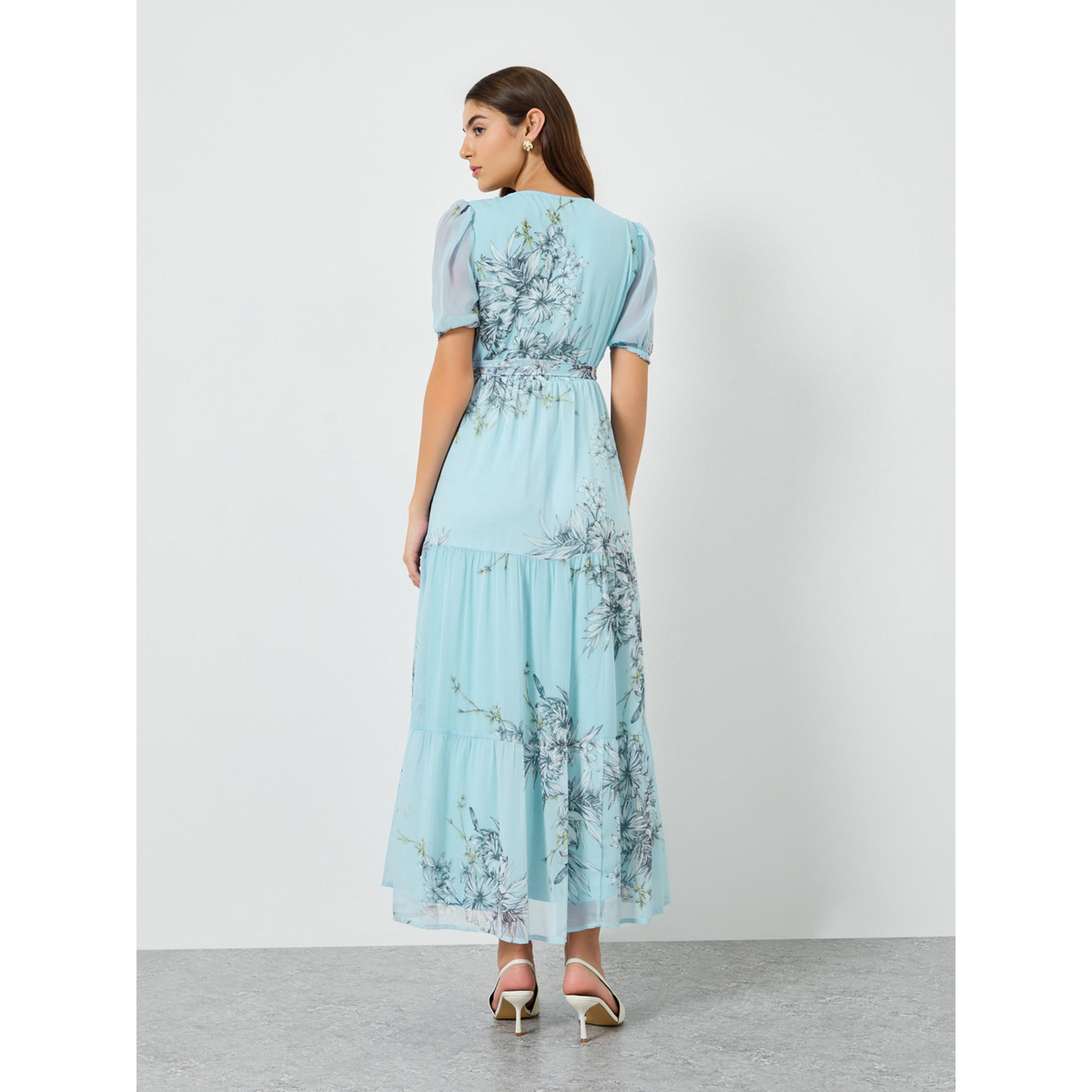 فستان ميدي ملفوف بأكمام منفوخة ونقشة زهور-women-clothing-dresses-image-4