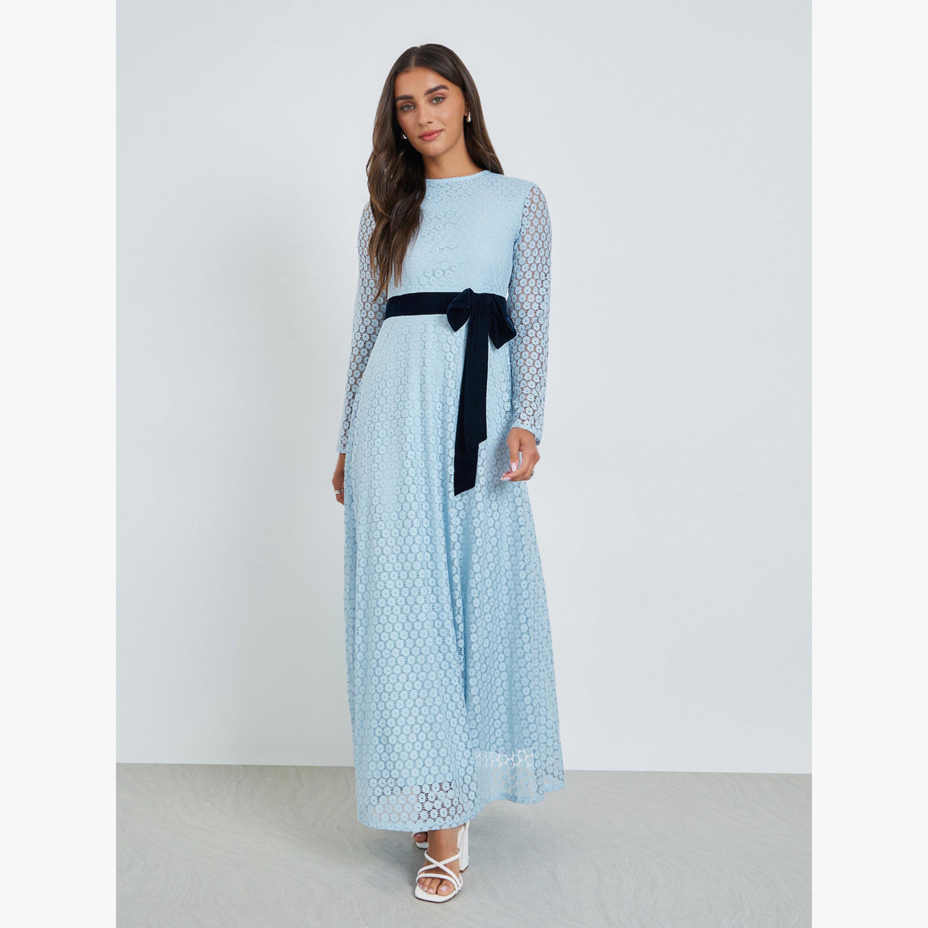 فستان سهرة طويل دانتيل بفيونكة مخمل-women-clothing-dresses-image-1