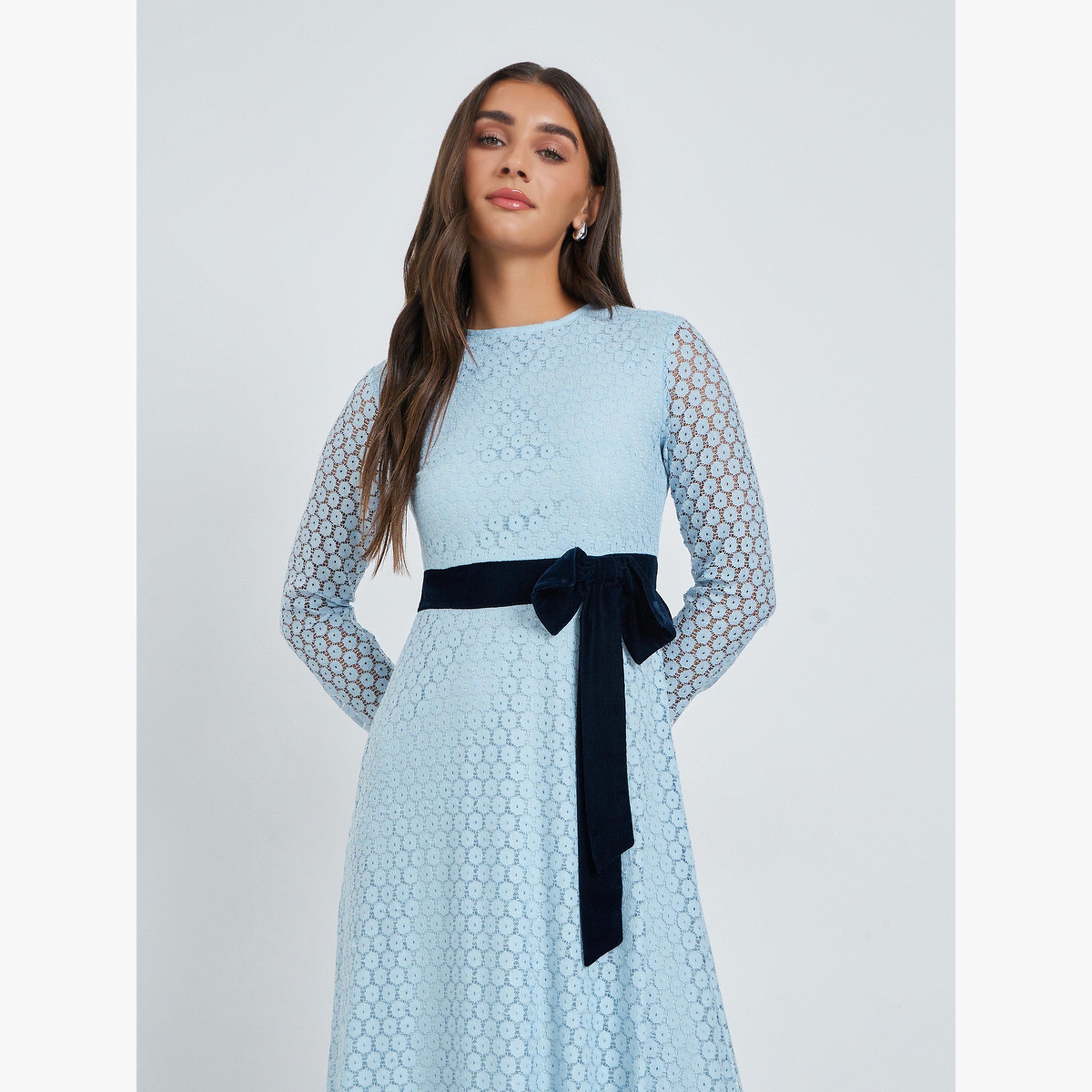 Styli Light Blue Lace Maxi Evening Dress with Velvet Bow-women-clothing-dresses-image-2