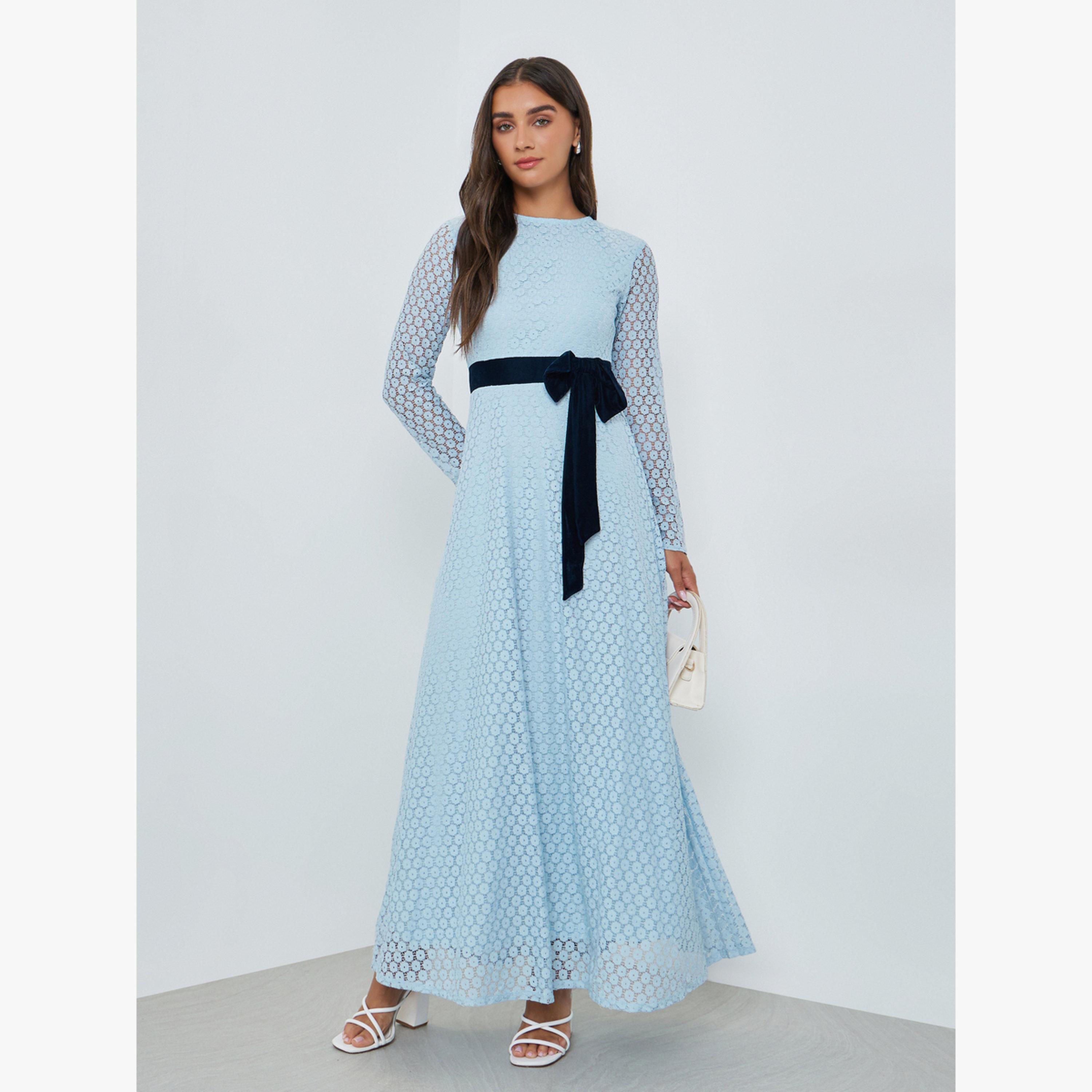 Styli Light Blue Lace Maxi Evening Dress with Velvet Bow-women-clothing-dresses-image-3