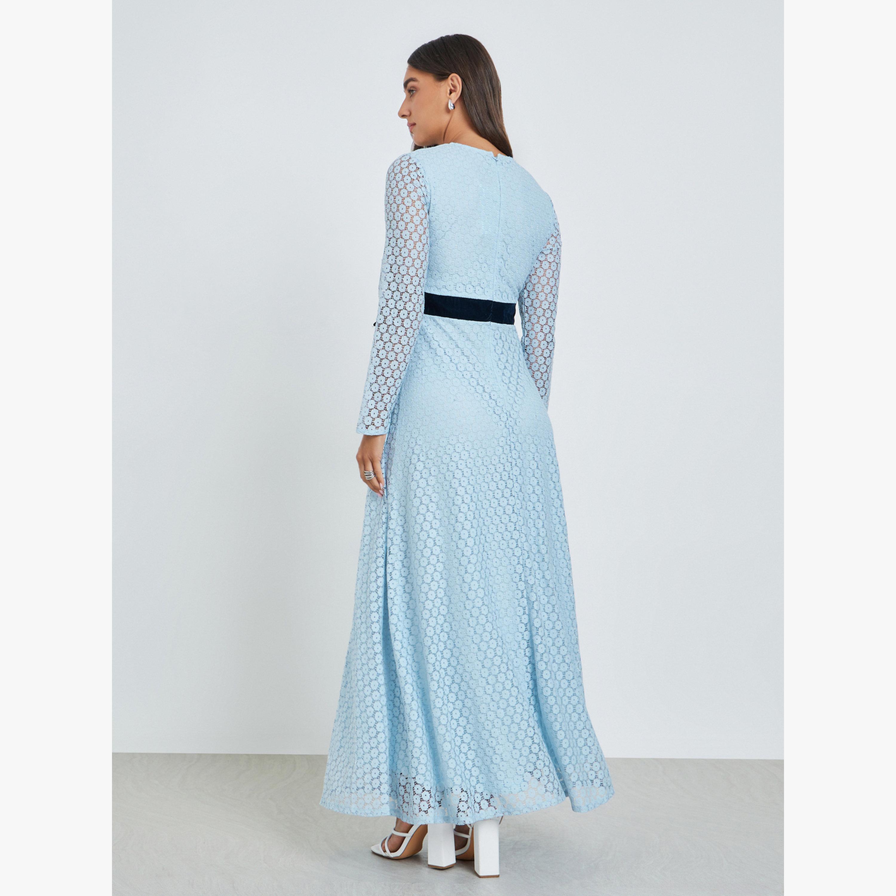 Styli Light Blue Lace Maxi Evening Dress with Velvet Bow-women-clothing-dresses-image-4