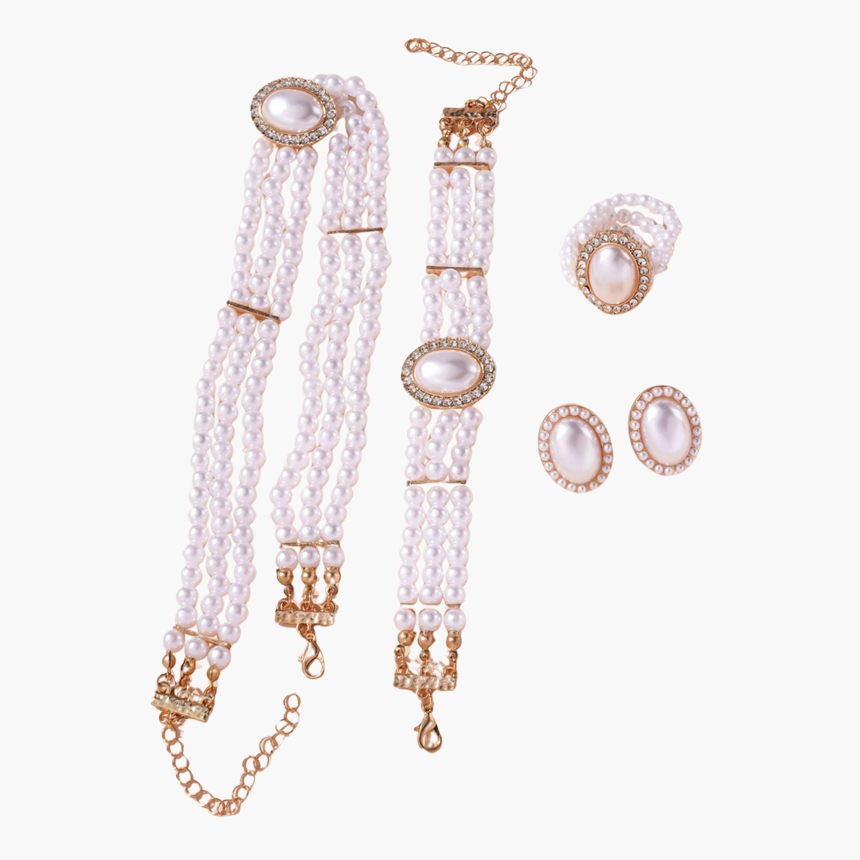 تيك تو - مجموعة من 4 قطع - قلادة من اللؤلؤ الصناعي مع أساور وأقراط وخاتم-women-watchesandjewellery-jewellery-jewellerysets-image-1