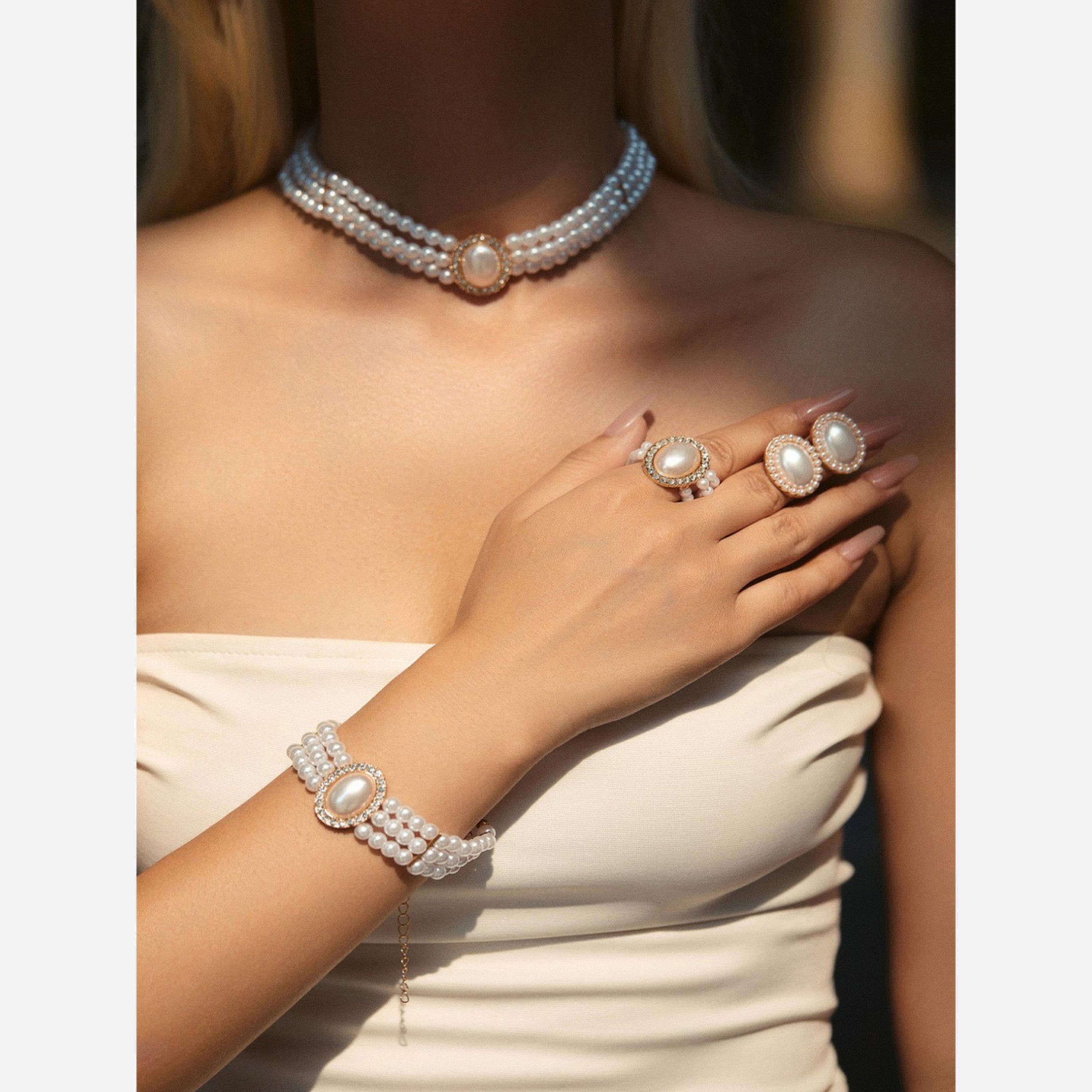 تيك تو - مجموعة من 4 قطع - قلادة من اللؤلؤ الصناعي مع أساور وأقراط وخاتم-women-watchesandjewellery-jewellery-jewellerysets-image-2