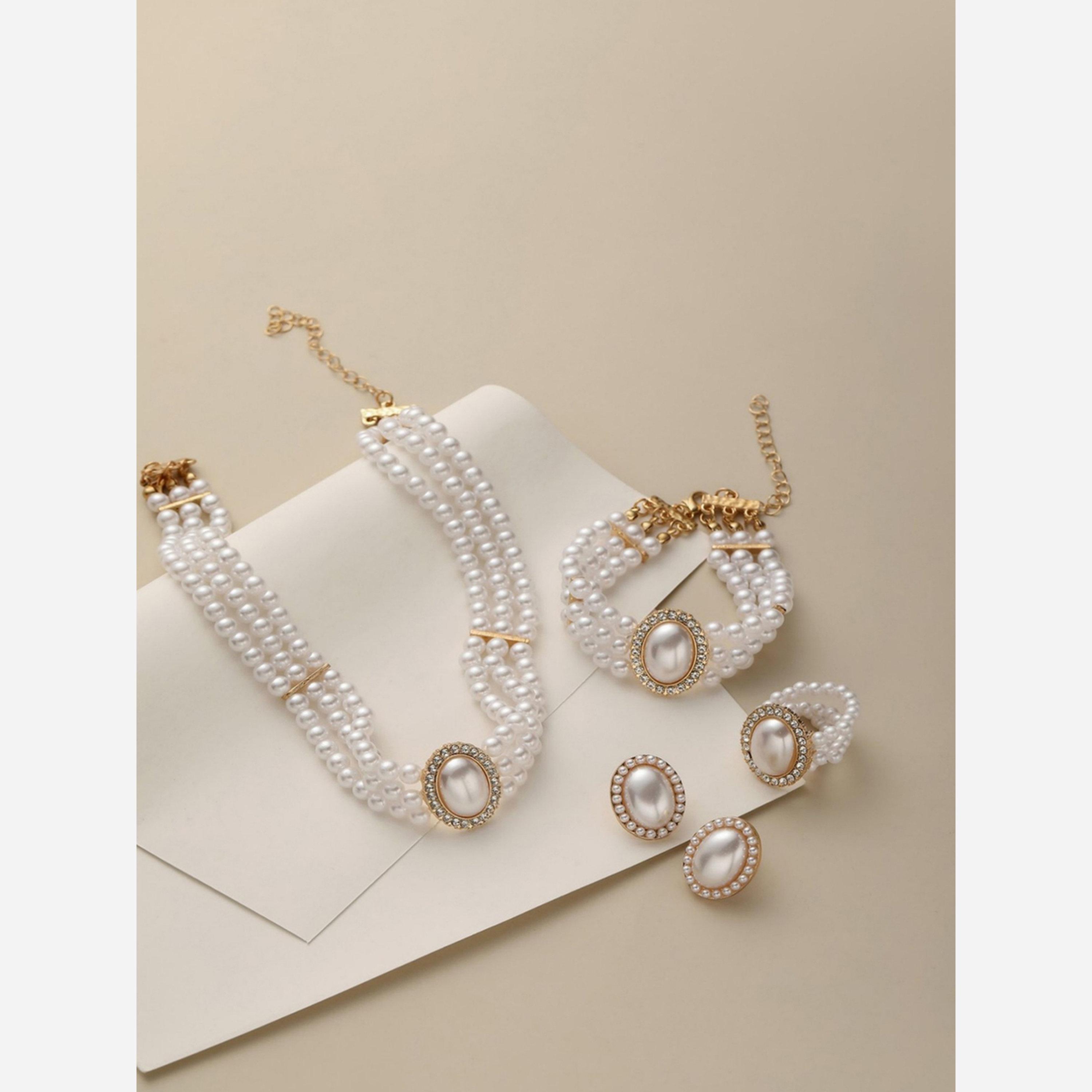 تيك تو - مجموعة من 4 قطع - قلادة من اللؤلؤ الصناعي مع أساور وأقراط وخاتم-women-watchesandjewellery-jewellery-jewellerysets-image-3